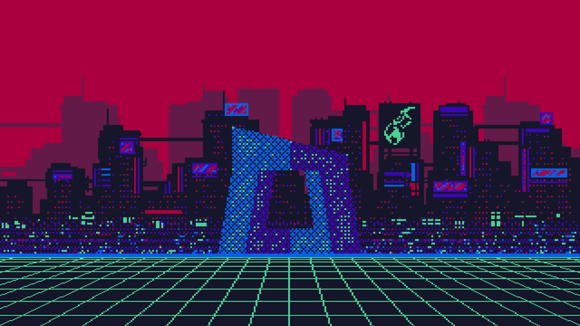 Vibrantly detailed pixel art futuristic cyberpunk city Wallpaper