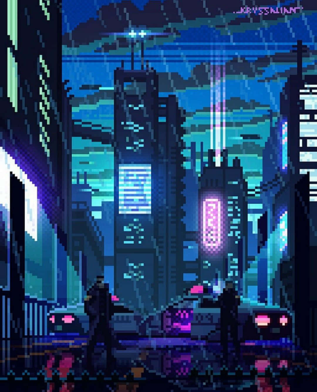 Cyberpunk pixelkunst inspireret af det klassiske 80'er pixel look. Wallpaper