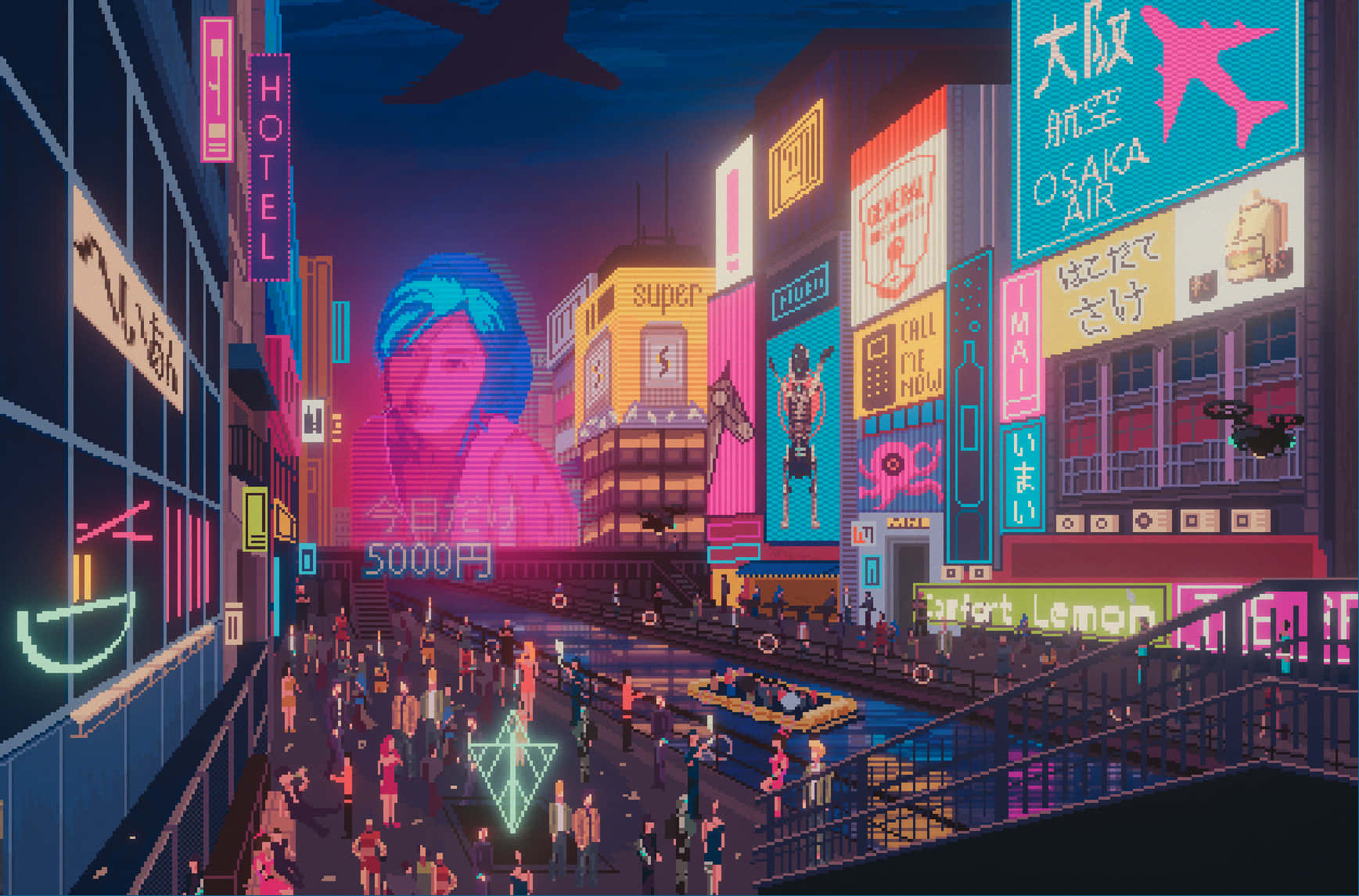 Explore the Dystopian Future with Cyberpunk Pixel Art Wallpaper