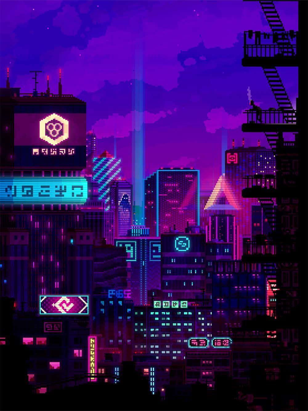 Cielospúrpura De La Ciudad Cyberpunk En Arte Pixelado. Fondo de pantalla