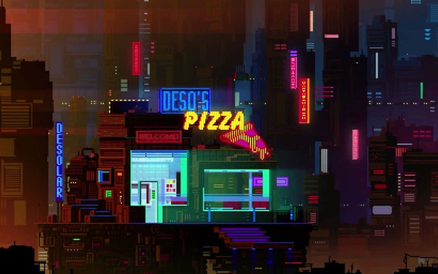 Cyberpunkpizzabistro In Der Nacht, Pixel Art Wallpaper