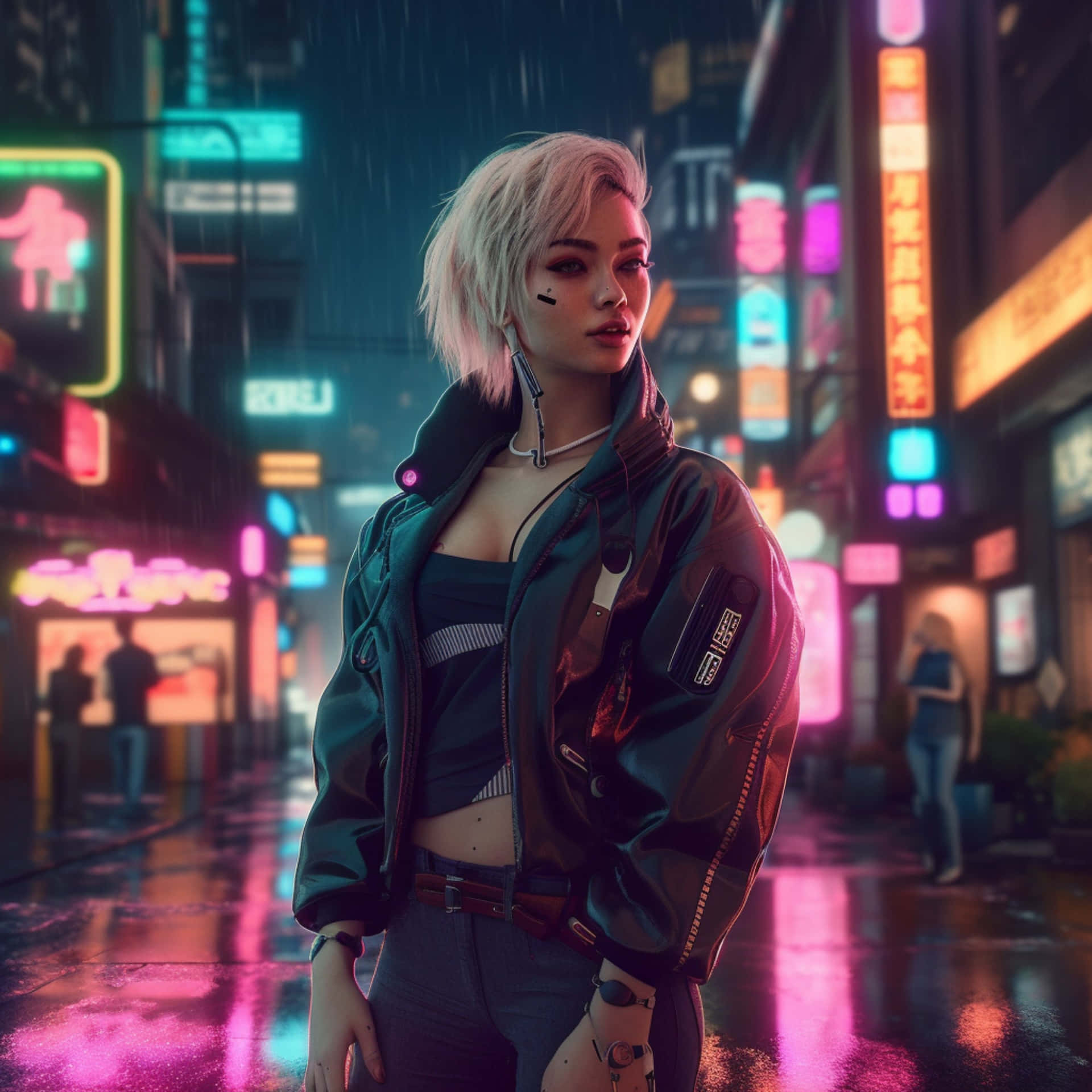 Cyberpunk Rainy Night Portrait Wallpaper