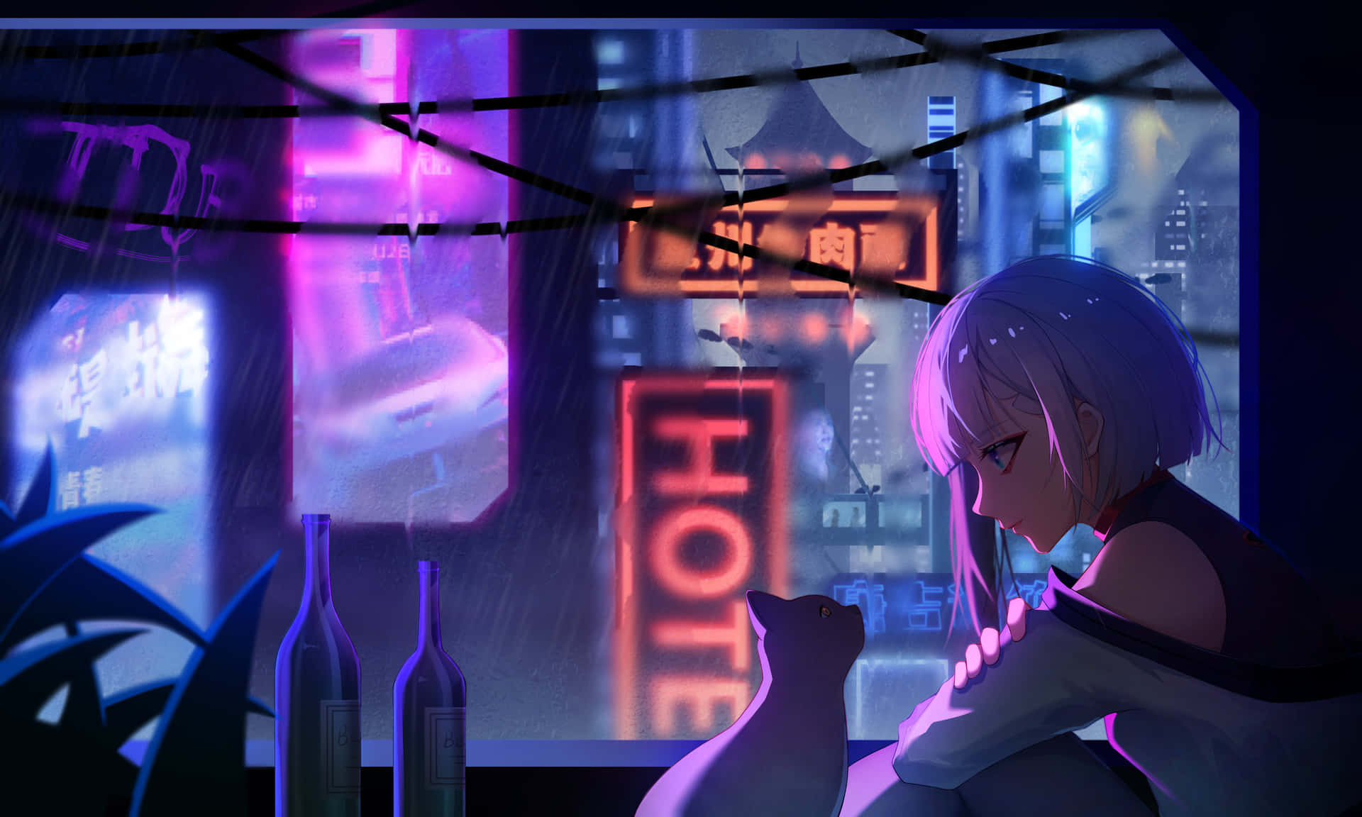 Réflexions Cyberpunk Avec Chat Fond d'écran