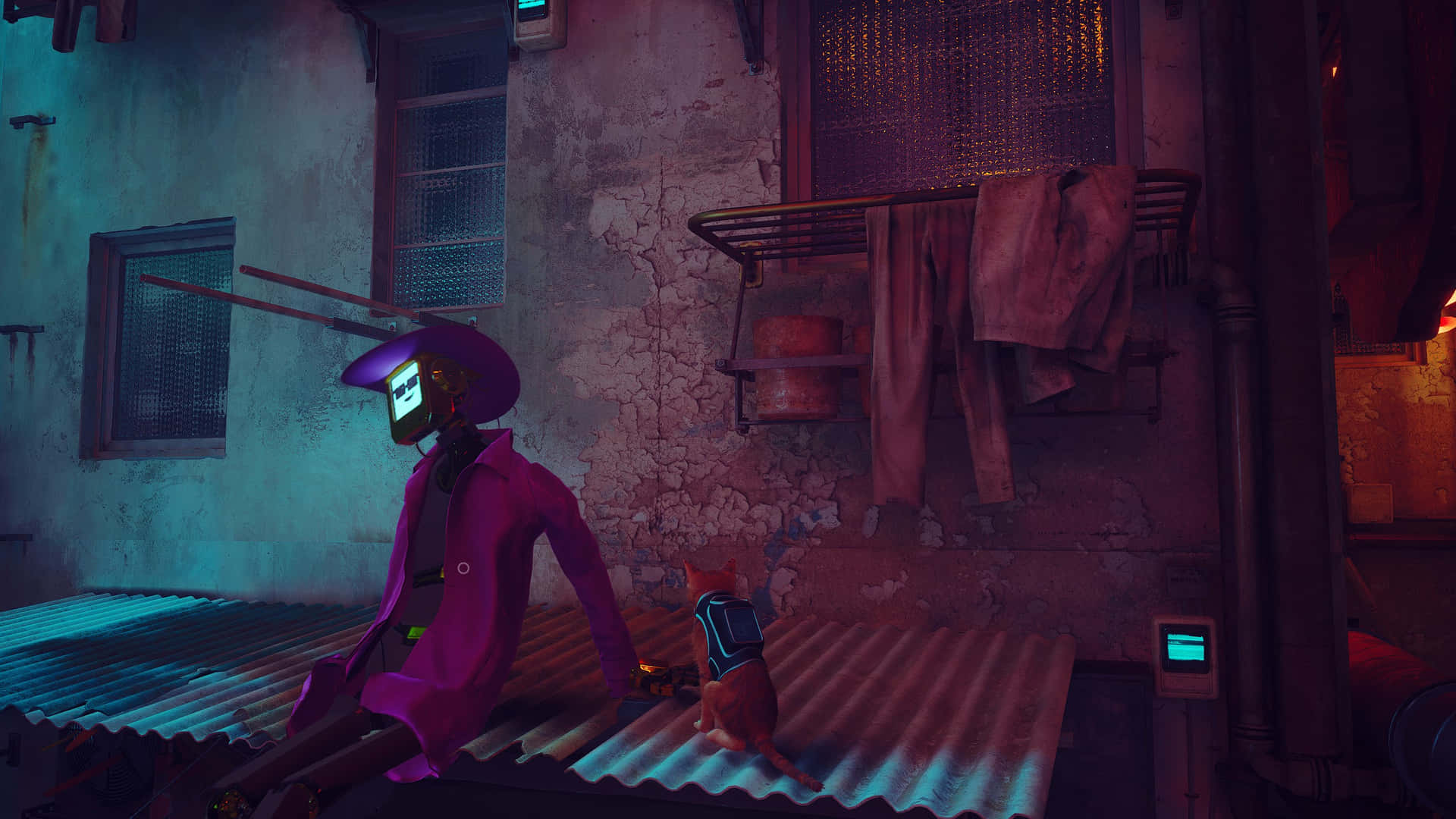 Cyberpunk Robot Chillingon Rooftop Wallpaper