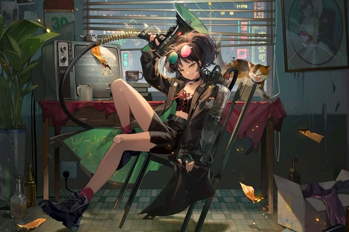 Cyberpunk Room Gamer Girl Relaxing Wallpaper