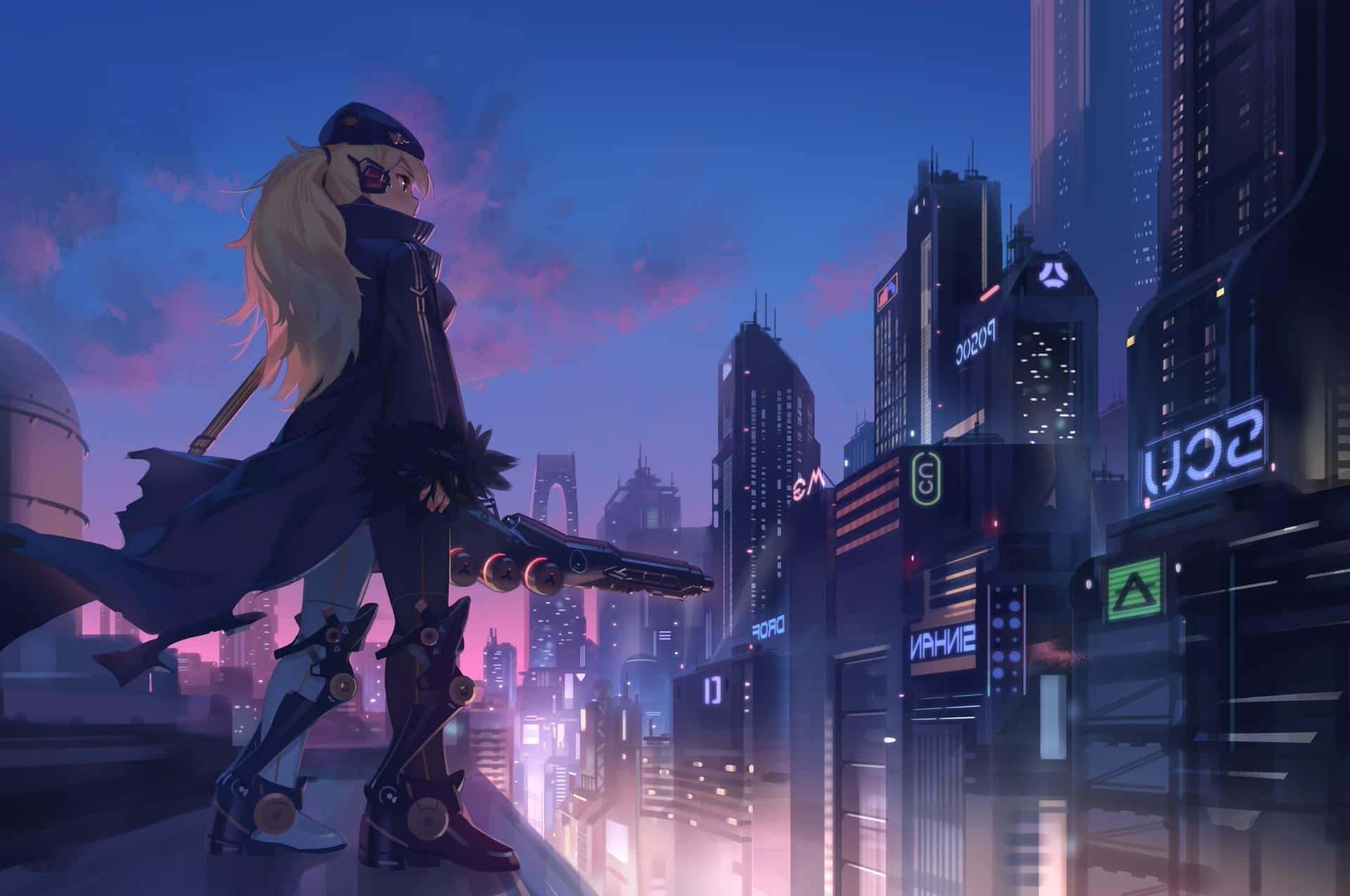 Cyberpunk Skater Girlin Cityscape Wallpaper