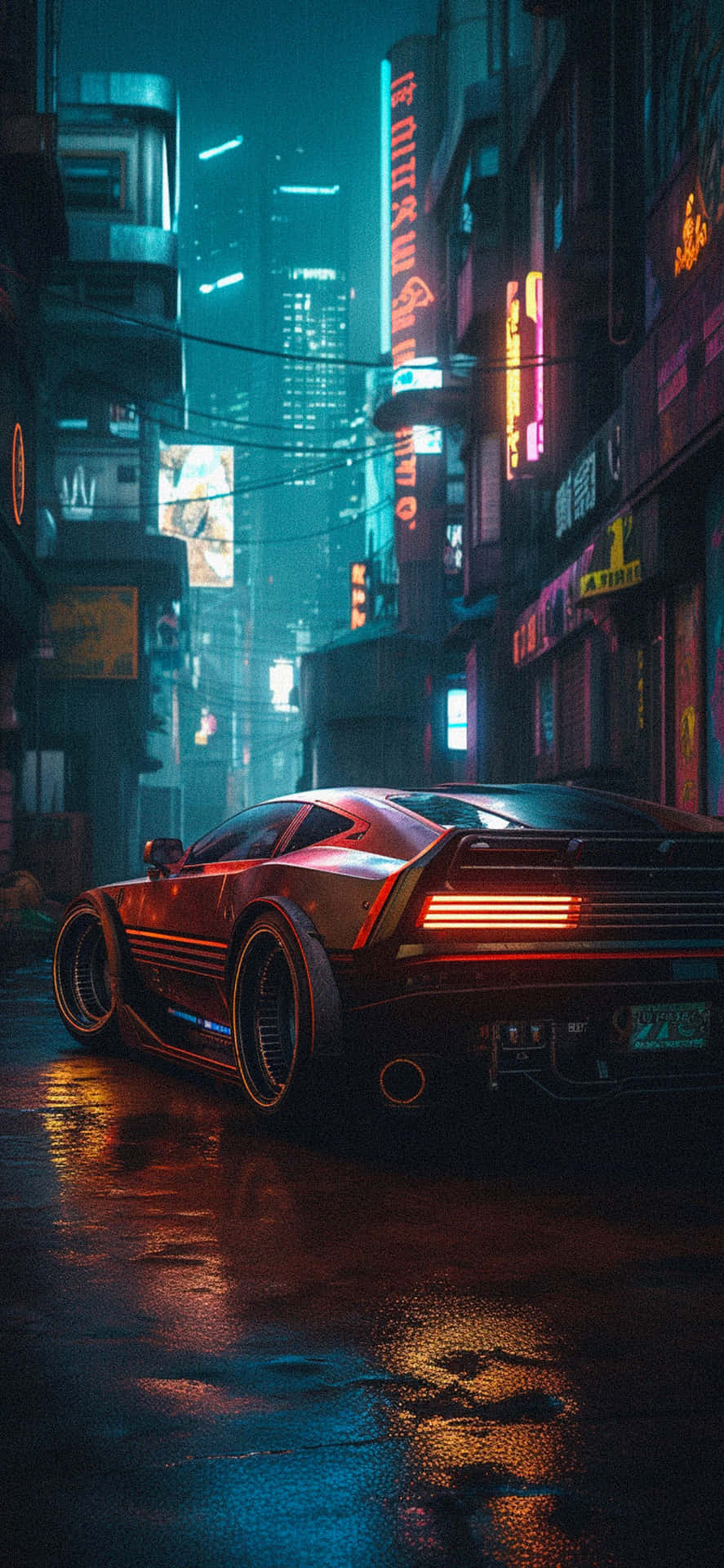 Voiture De Sport Cyberpunk Dans Un Paysage Urbain Pluvieux Fond d'écran