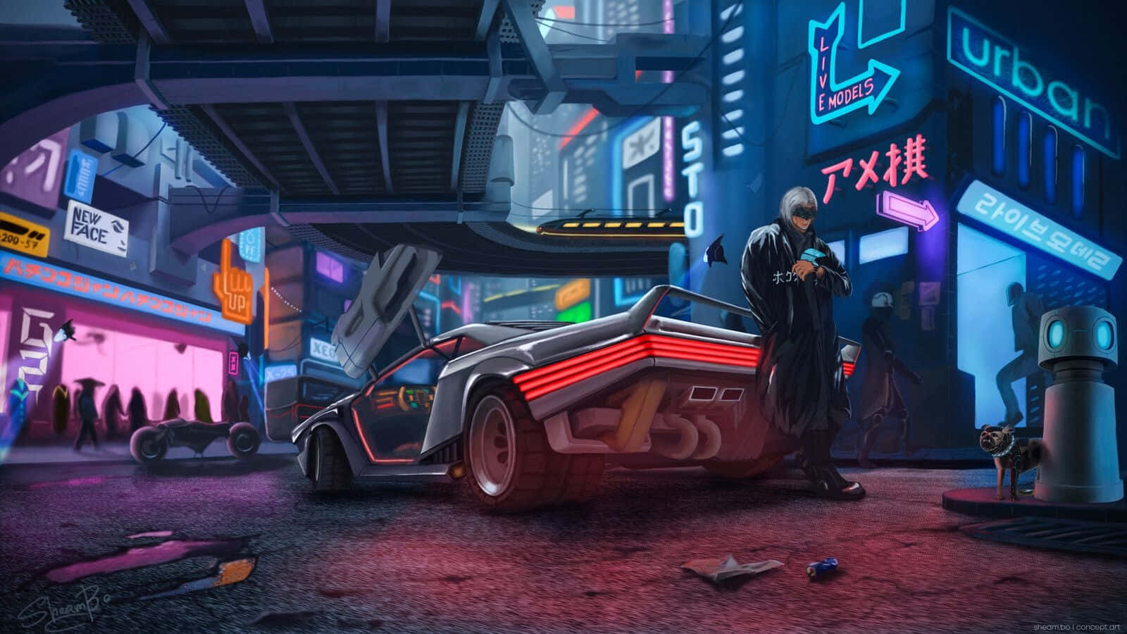 Cyberpunk_ Street_ Scene_with_ Futuristic_ Car_and_ Figure Wallpaper