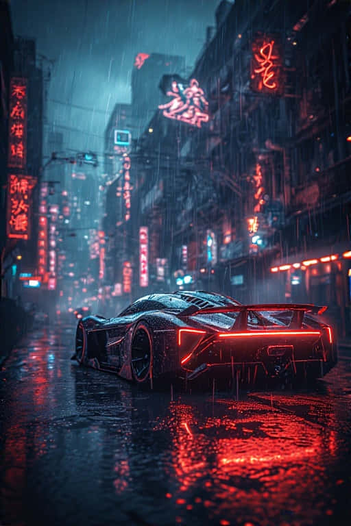 Cyberpunk Supercar In Neon Rainy Alley Futuristic 4k Wallpaper