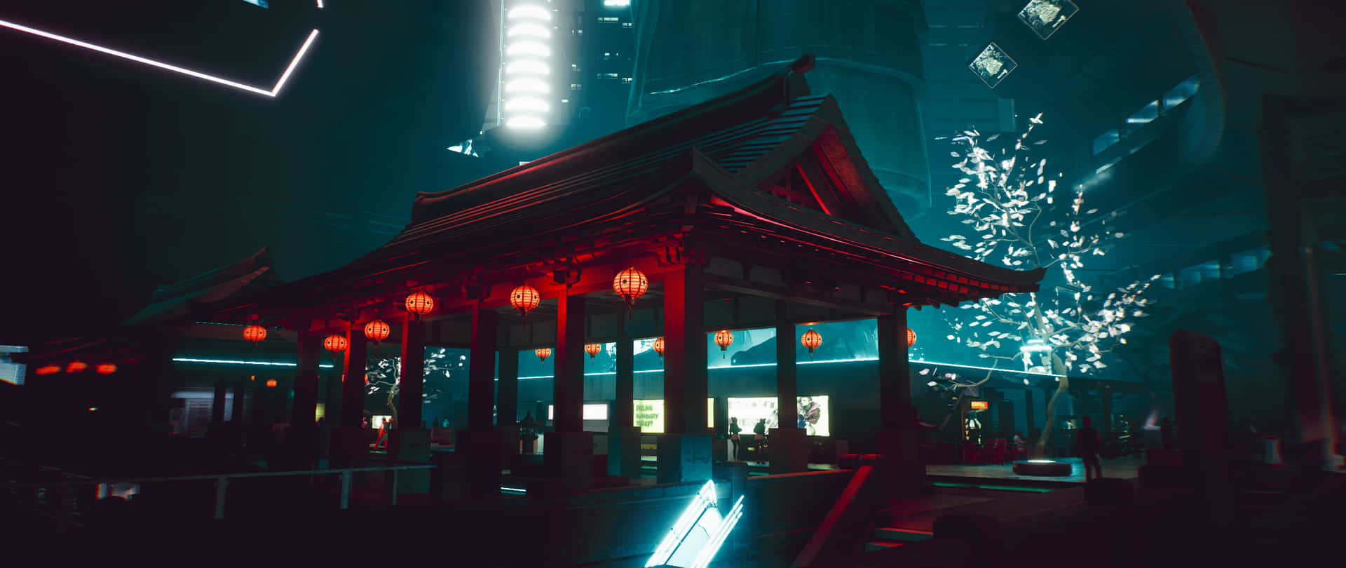 Cyberpunk Temple Night Scene Wallpaper