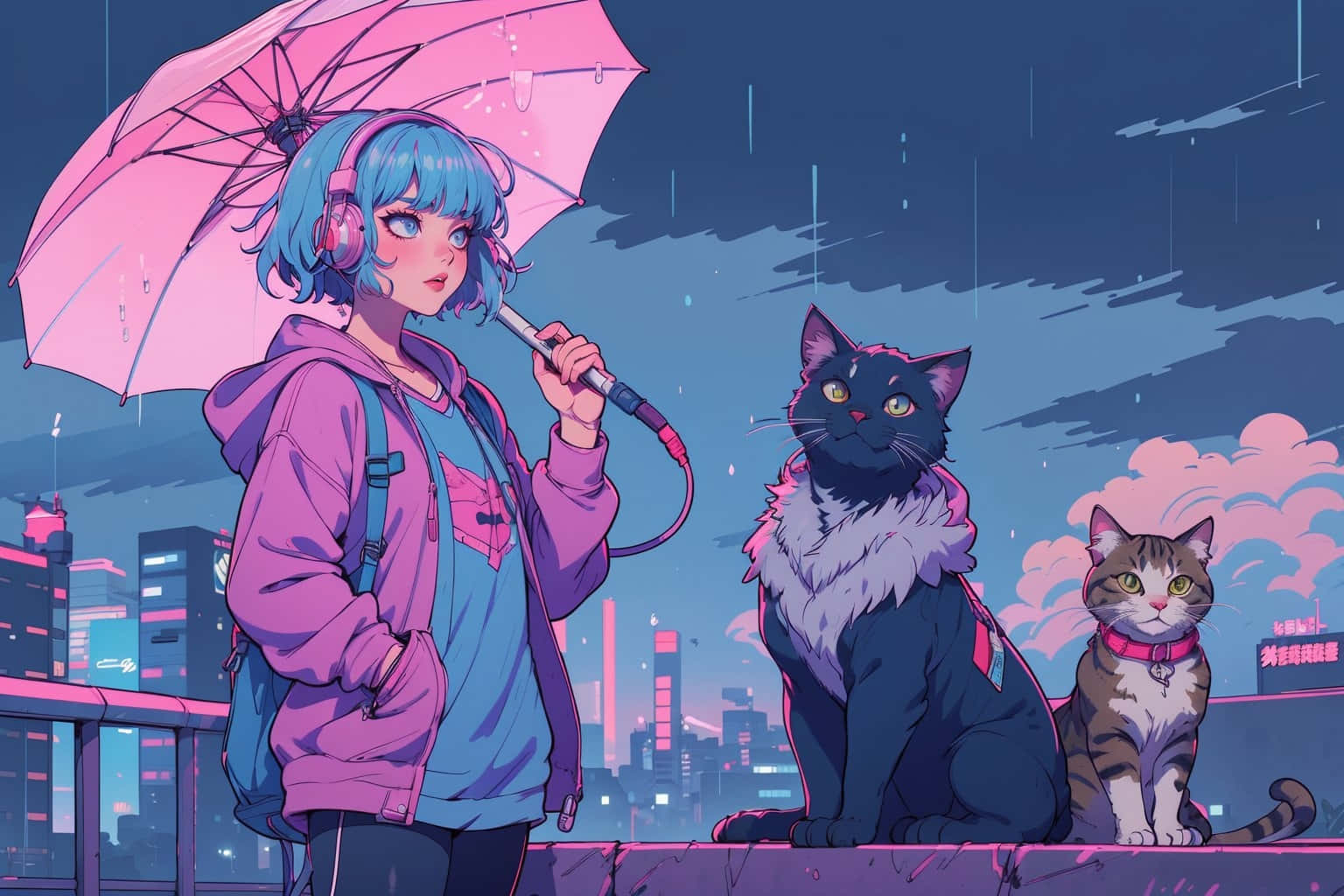 Cyberpunk Umbrella Girlwith Cats.jpg Wallpaper