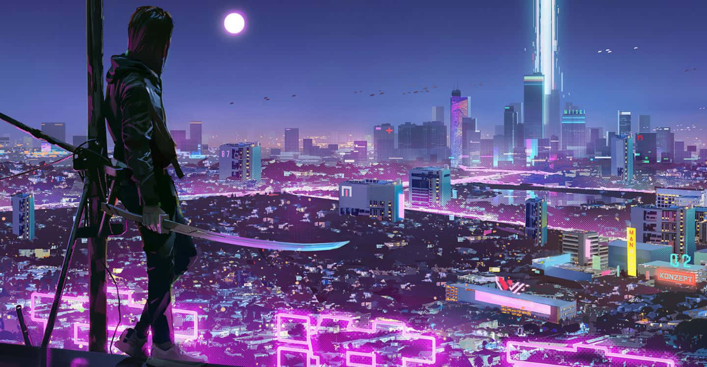 Cyberpunk Vigilante Overlooking City Wallpaper
