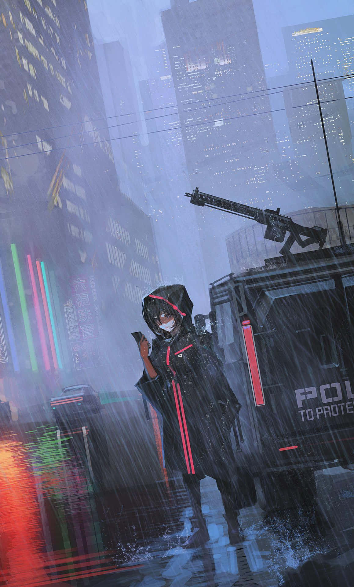 Cyberpunk Vigilantein Rainy Metropolis Wallpaper