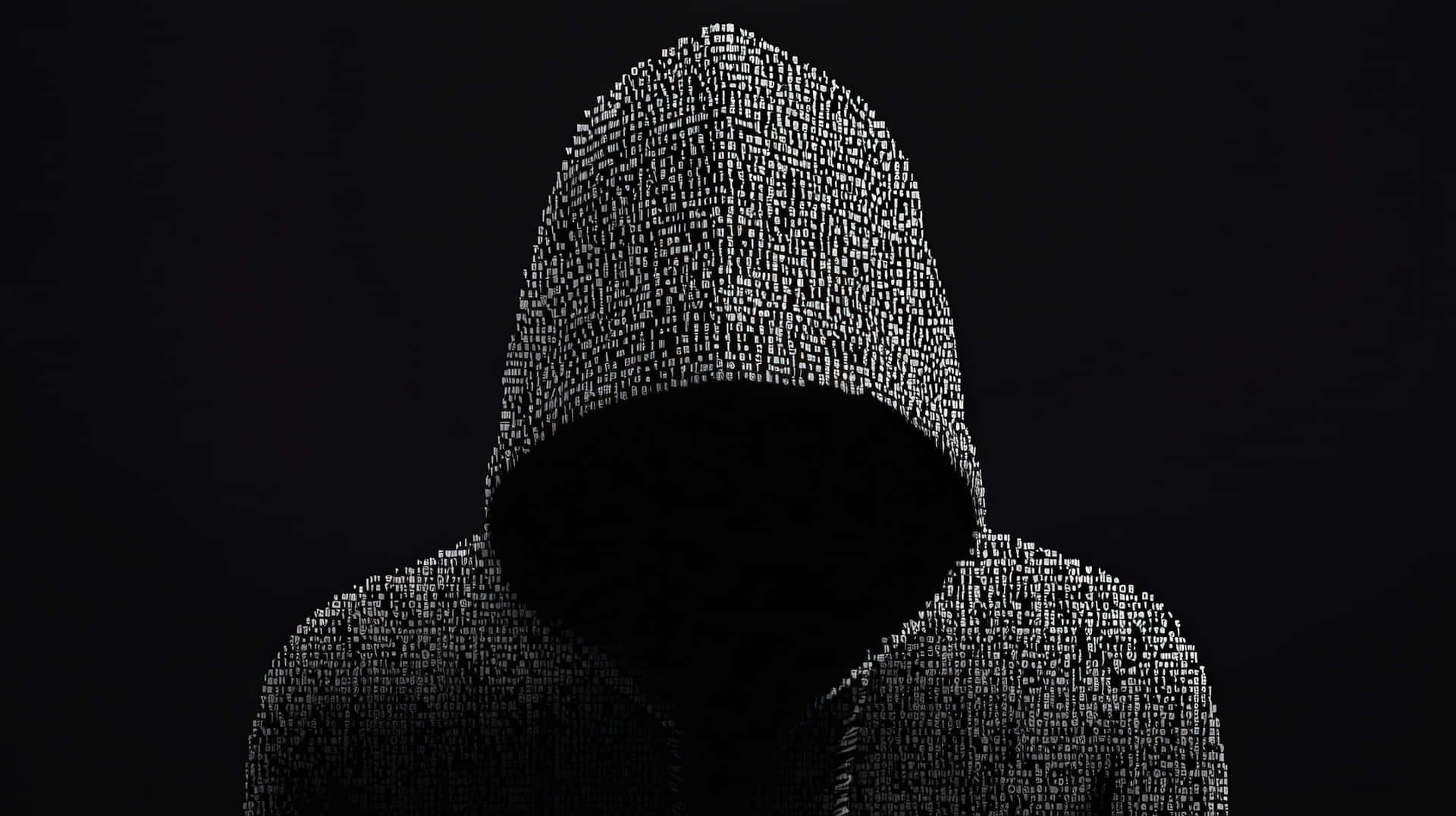 Cybersecurity Concept With Mysterious Hooded Hacker Made Of Digital Code On Dark Background Wallpaper