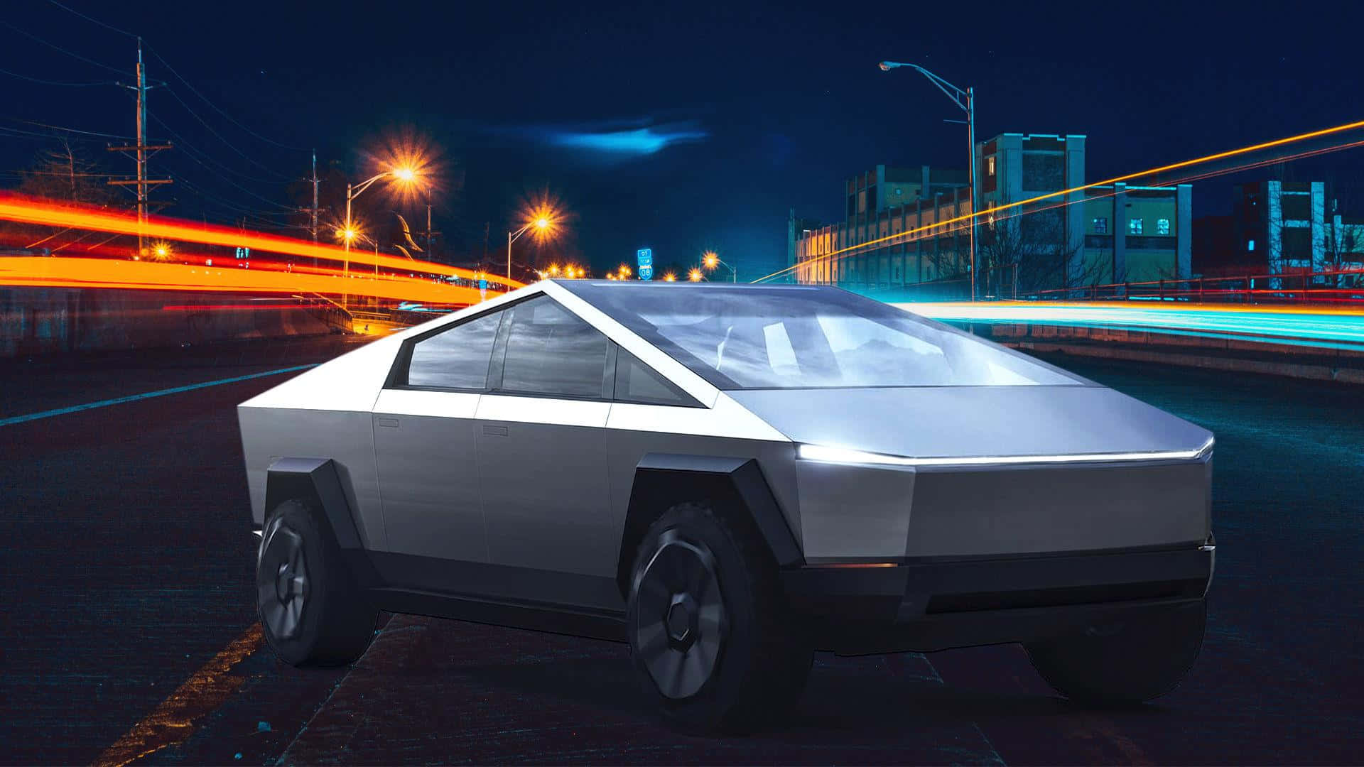 A Futuristic Vehicle Driving Down The Street At Night