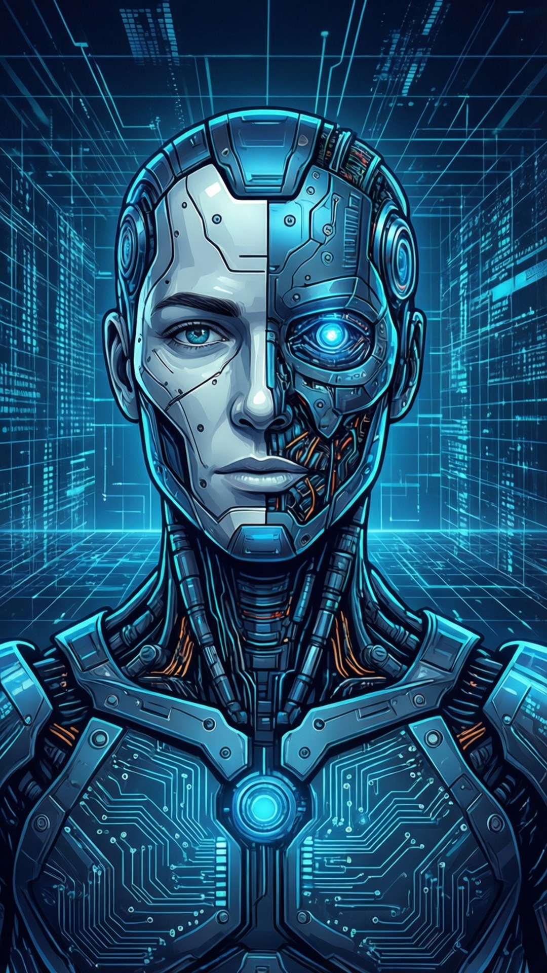 Vektorkunst af Cyborg integreret med digital matrix og teknologiske mønstre.