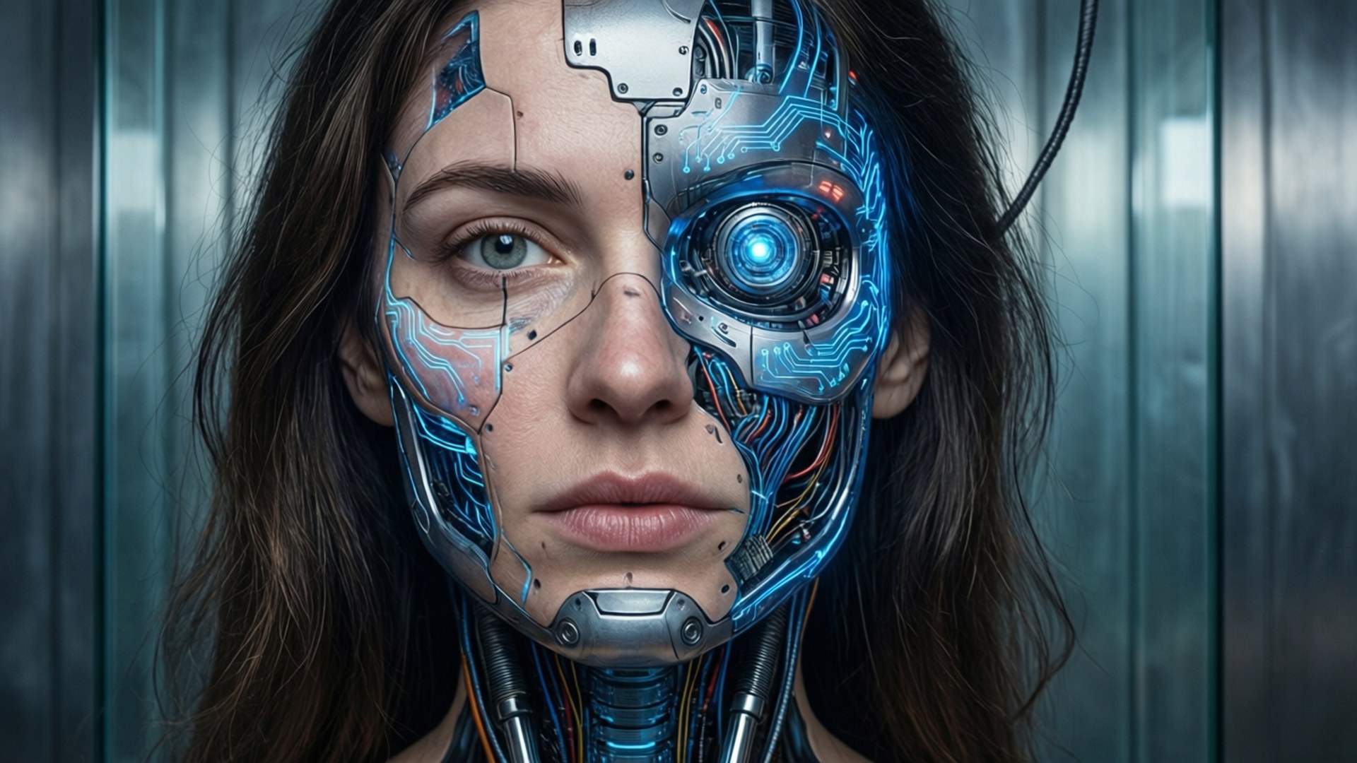 Lexa Doig som en cyborg med glödande implantat.