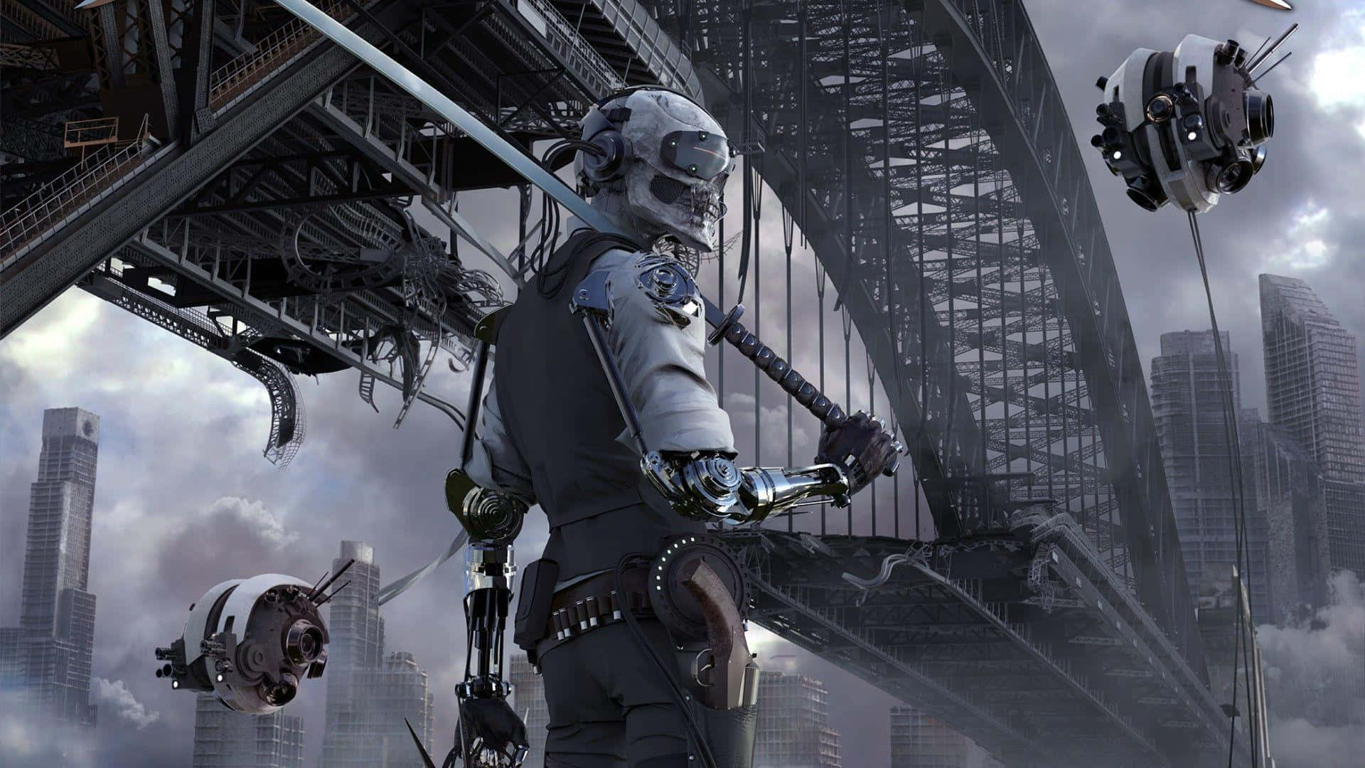 Cyborg_ Patrol_ Dystopian_ Cityscape Wallpaper