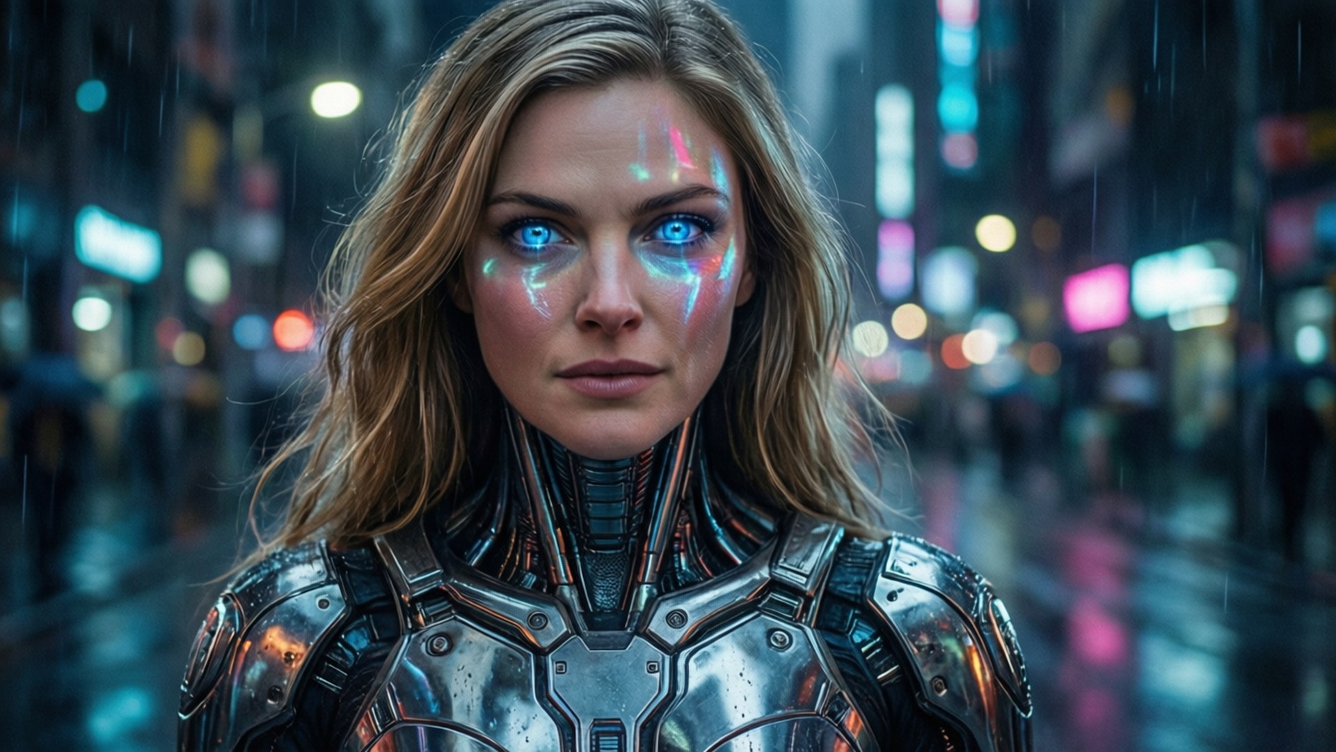 Amanda Seyfried futuristisena kyborgina neonkaupungissa