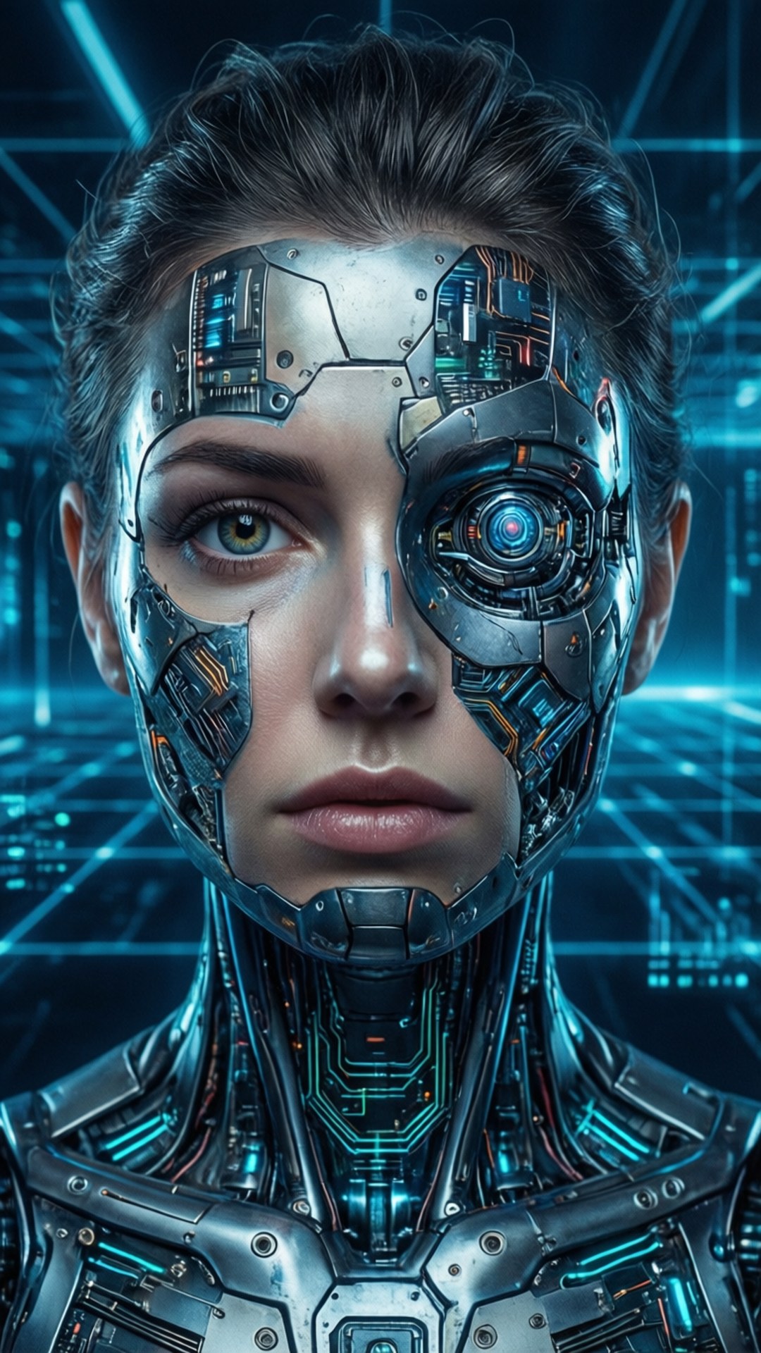 Ritratto fantascientifico di una cyborg femminile con circuiti luminosi