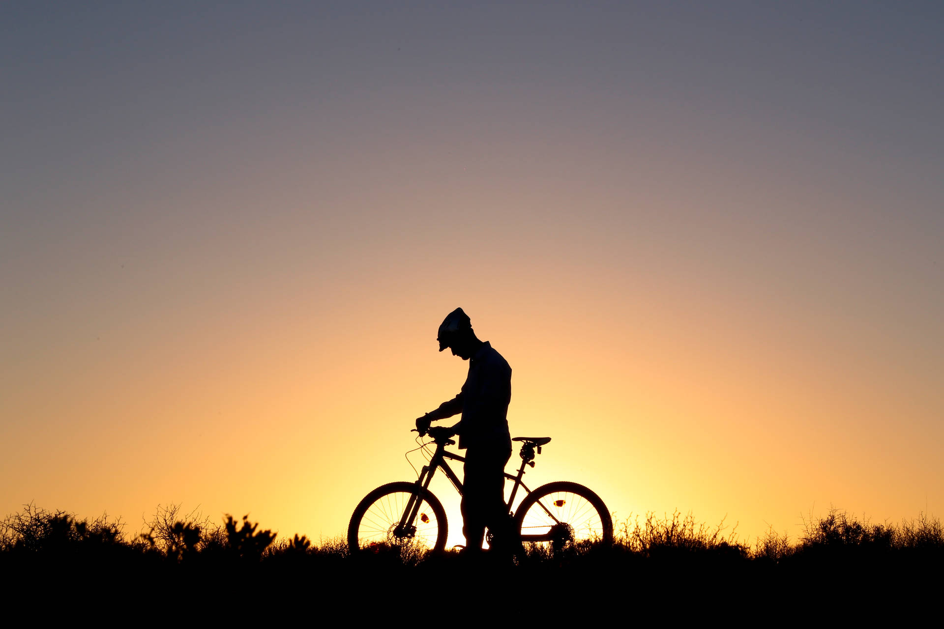 Homemde Bicicleta Em Silhueta Ao Pôr Do Sol. Papel de Parede