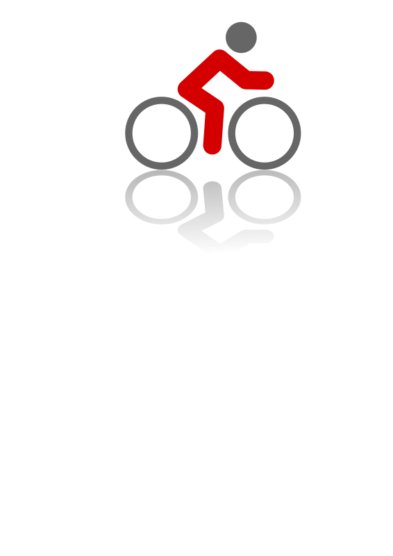 Cyclist Icon Reflection PNG — A minimalist red cyclist icon rides atop a stylized gray bicycle composed of interconnected circles against a black background.