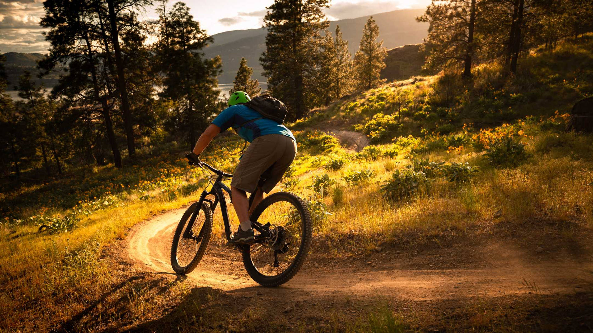 Cyclist Mountain Biking Downhill Sunset Wallpaper