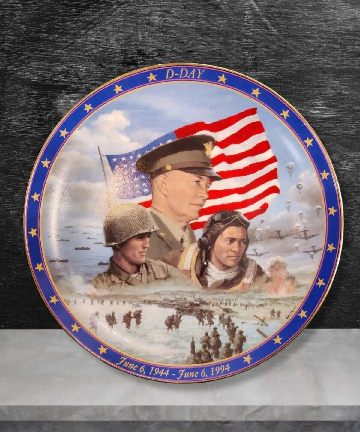 A Plate With A Picture Of A Soldier And An American Flag