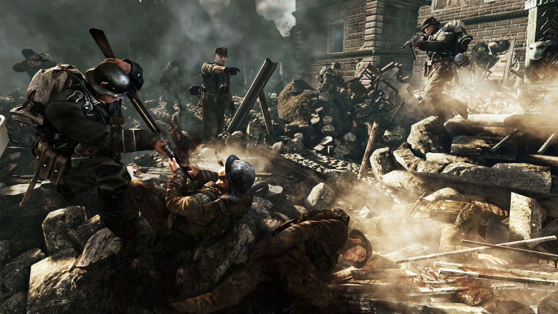 A Group Of Soldiers Are Fighting In A Ruined Area