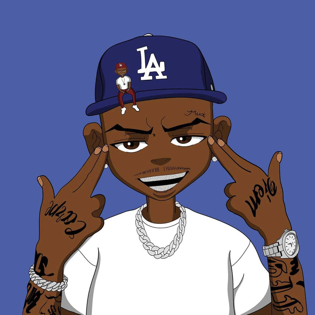 Dababy Cartoon Pointing Fingers To Head Wallpaper