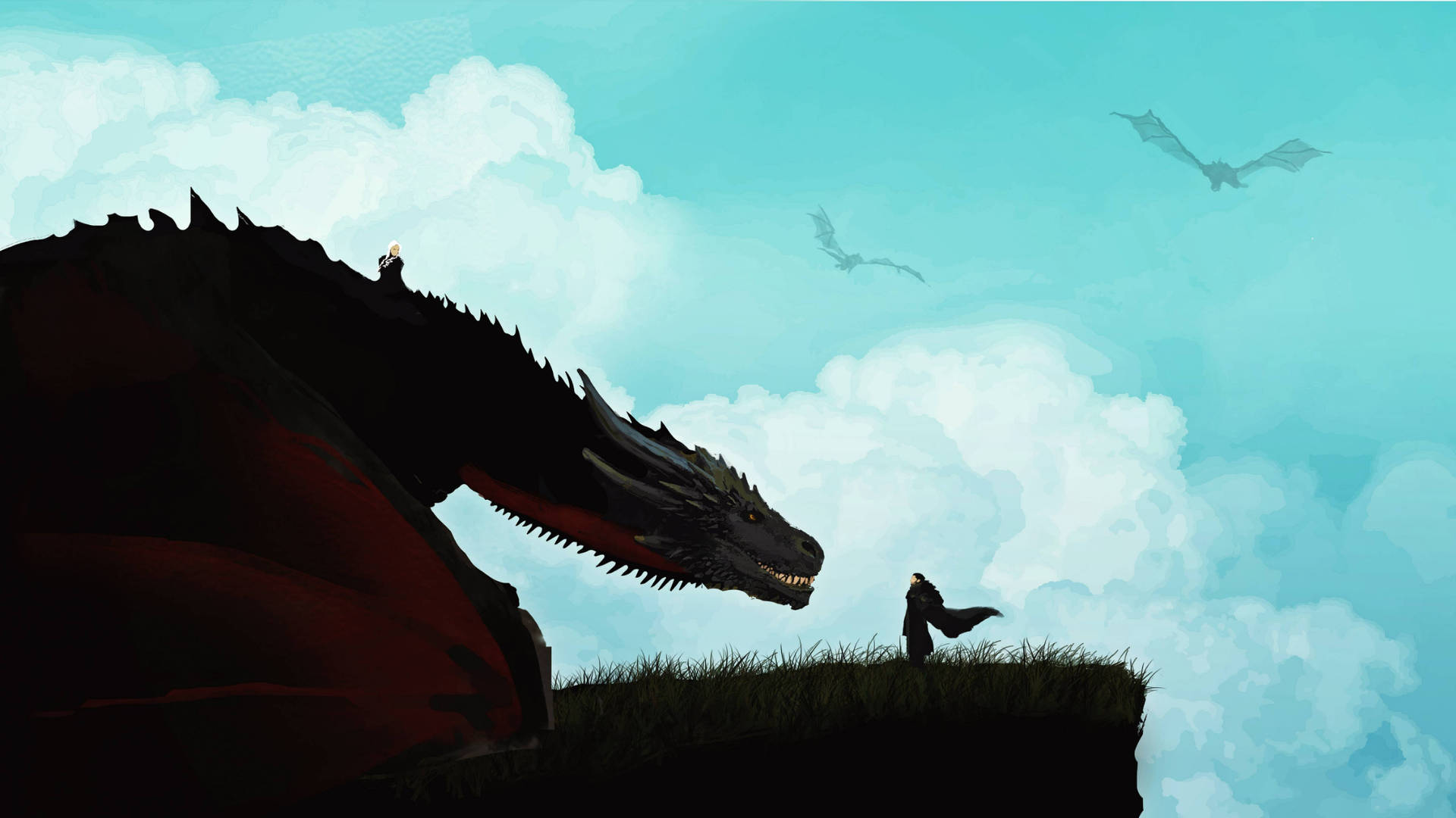 Daenerys,drake Och Jon Snow Game Of Thrones. Wallpaper