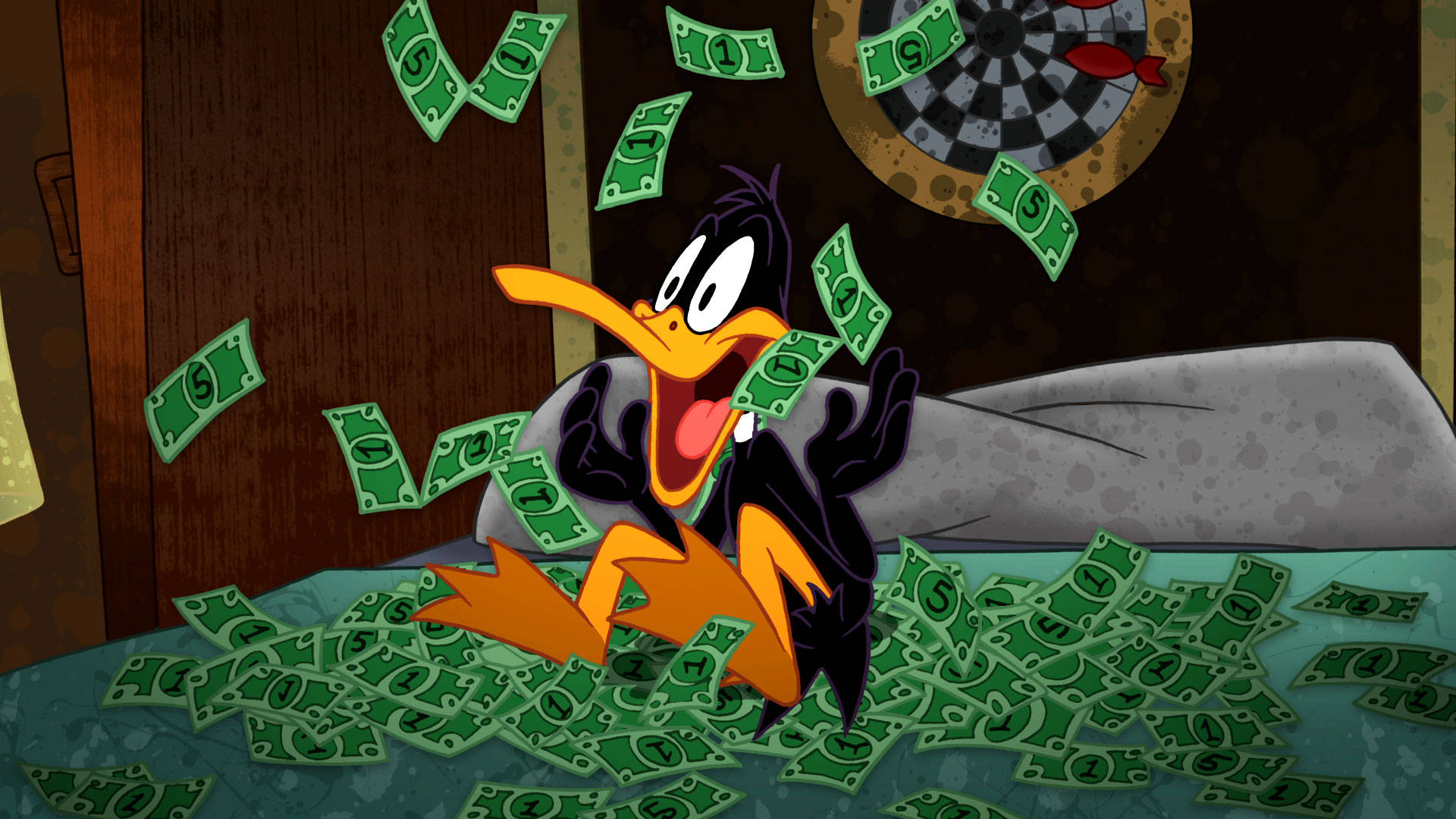 Daffy Duck With Money On Bed