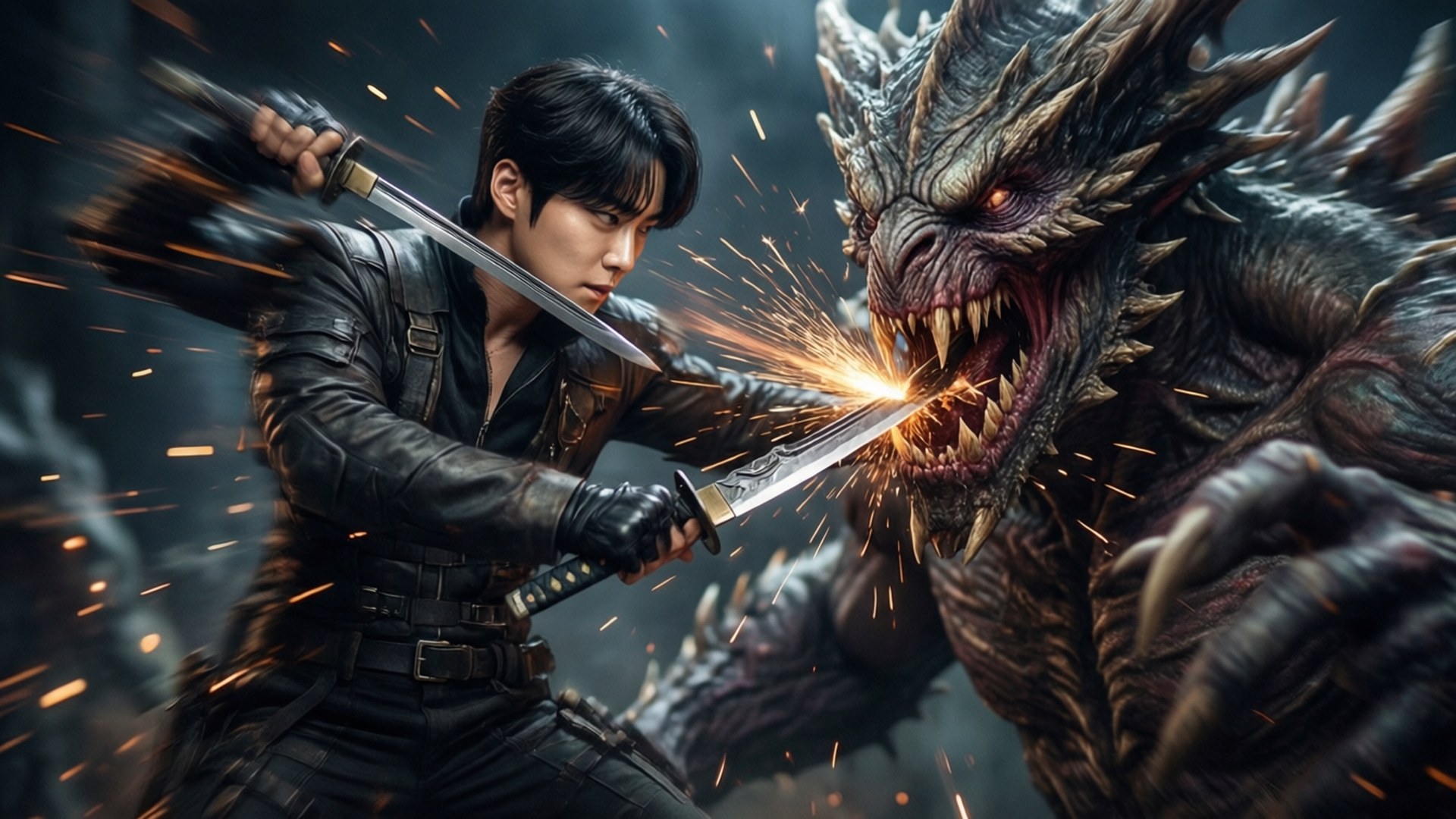 Jin-Woo snijdt een gigantisch monster met zijn dolk in een dynamische gevechtsscène.