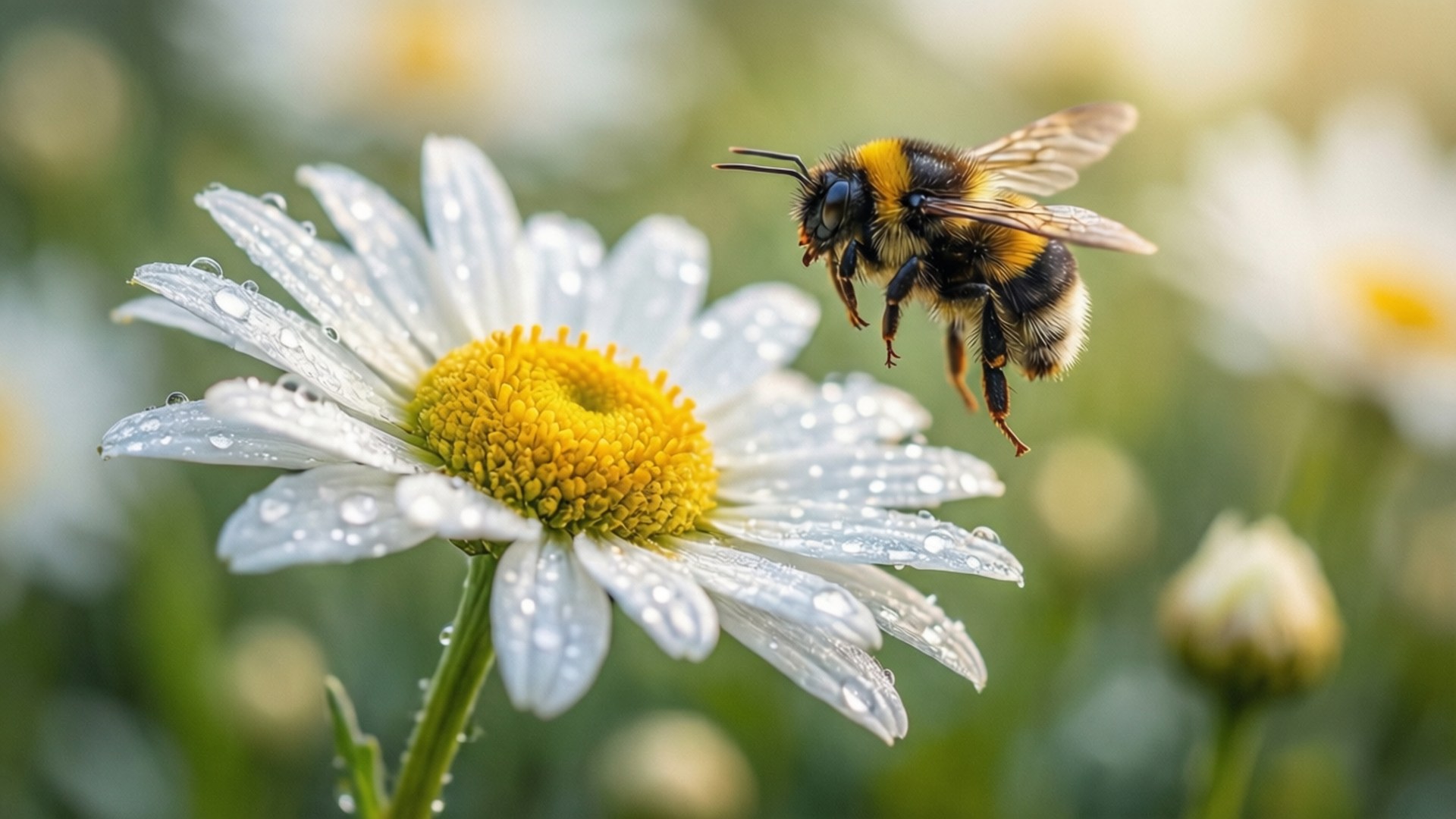 A bumblebee hovering near a daisy with a water droplet, soft spring light.