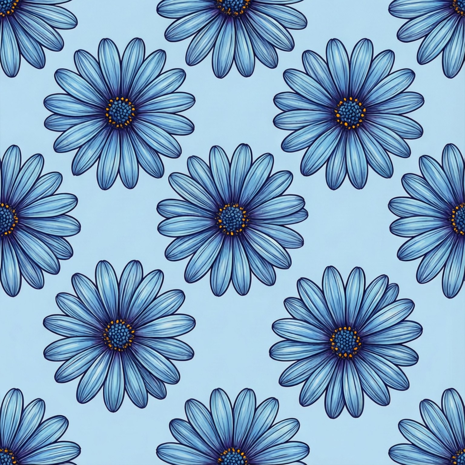 Motivo senza cuciture di margherite blu su azzurro pallido.