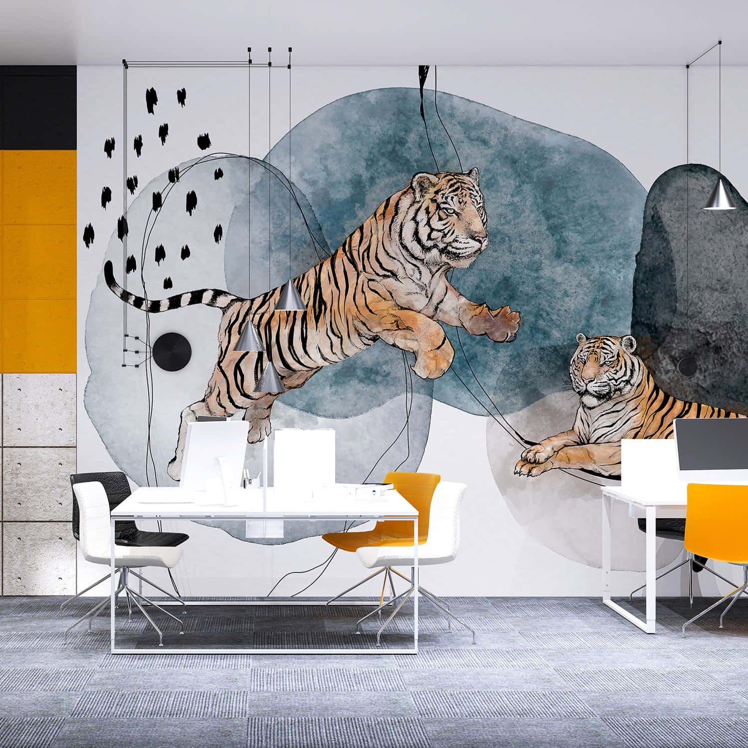 A Modern Office With A Tiger Mural Wallpaper