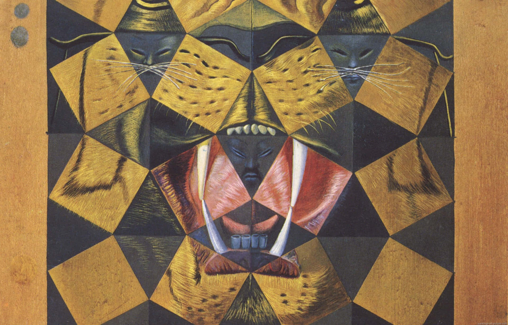 A Painting Of A Tiger With A Geometric Pattern Wallpaper