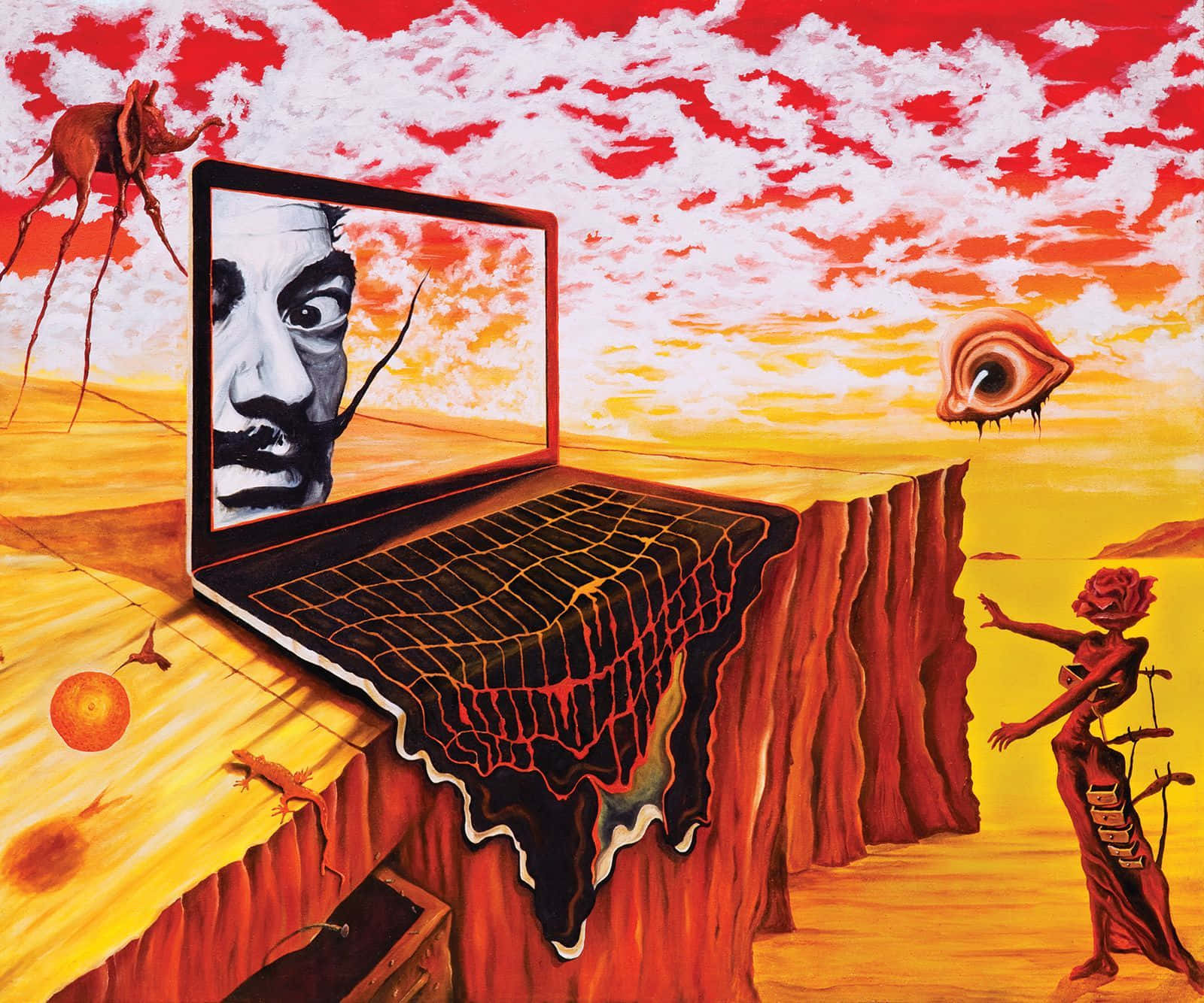 A Painting Of A Man With A Laptop On A Cliff Wallpaper