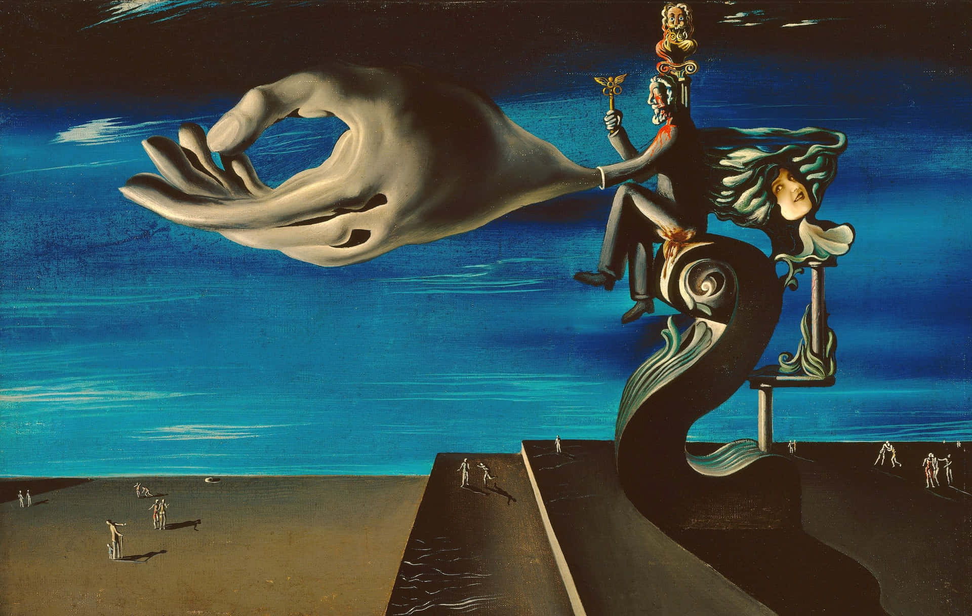 Salvador Dali's surreal painting of vivid blue waterfalls Wallpaper