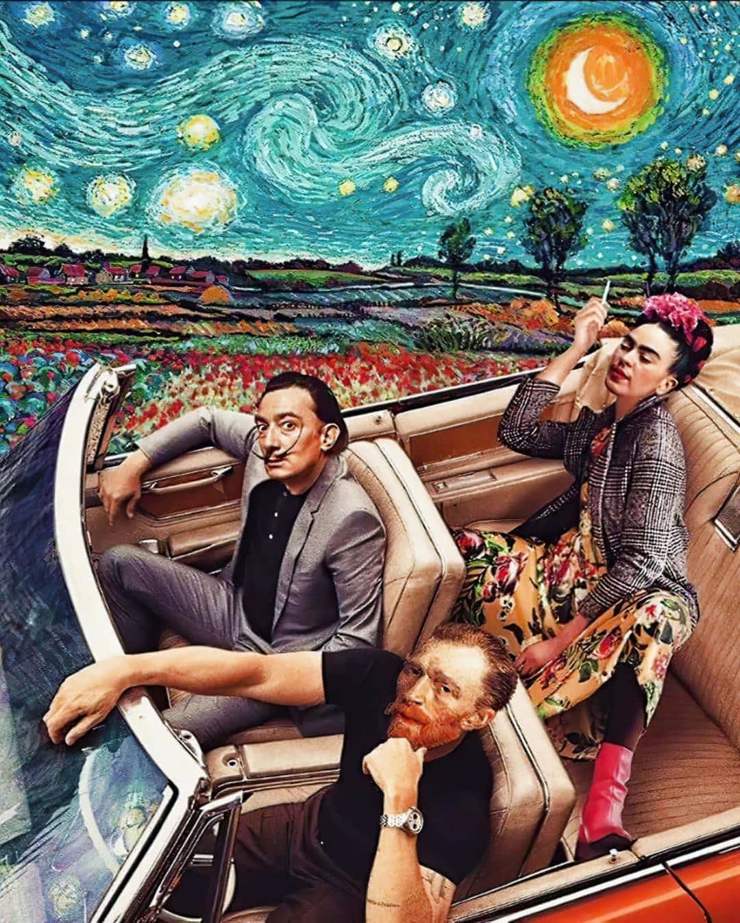 A Car With Three People In It And A Starry Sky Wallpaper