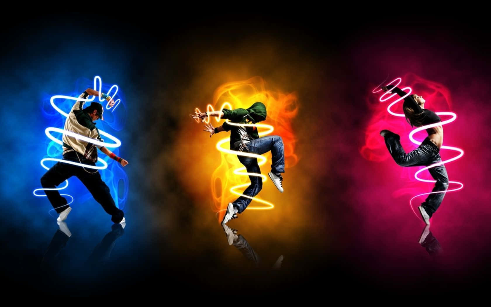 Three Dancers In Different Colors On A Black Background