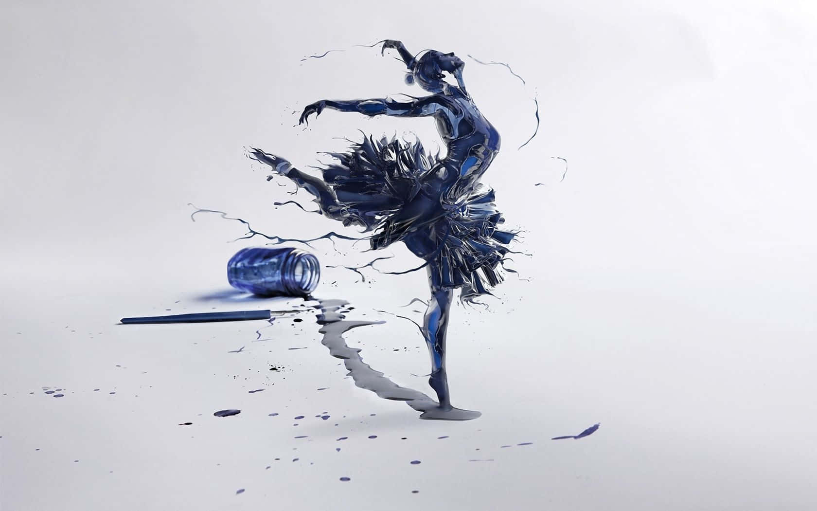 Eineblaue Ballerina Tanzt Vor Einem Blauen Farbeimer.