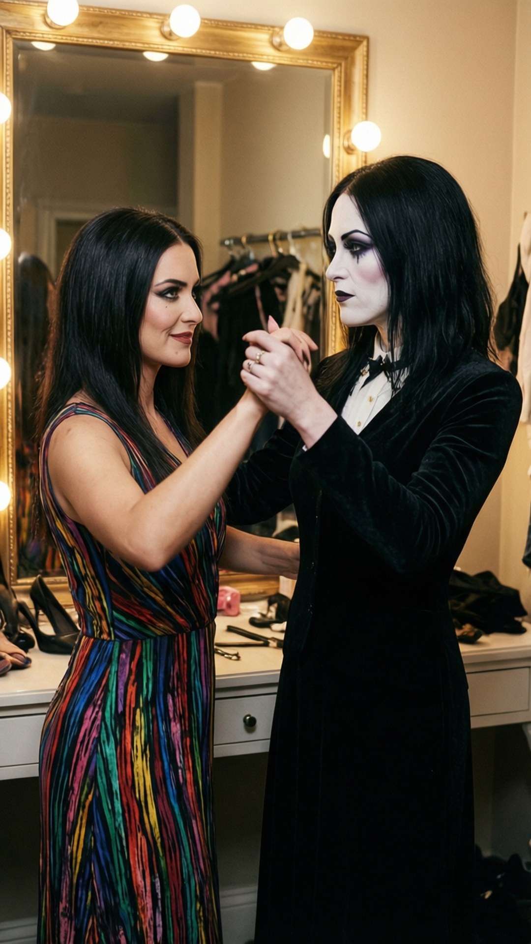 Wednesday et Enid vérifient leurs tenues dans un miroir avant une danse.