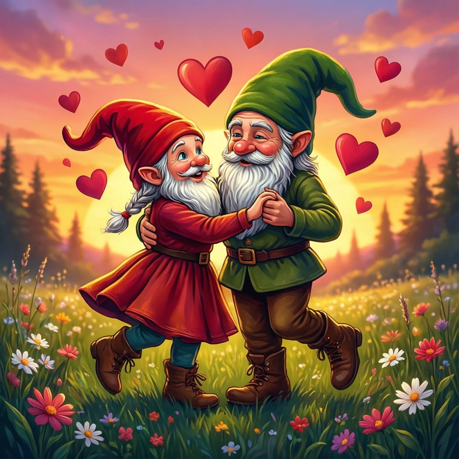 Sepasang gnome berbagi tarian romantis di padang rumput saat matahari terbenam