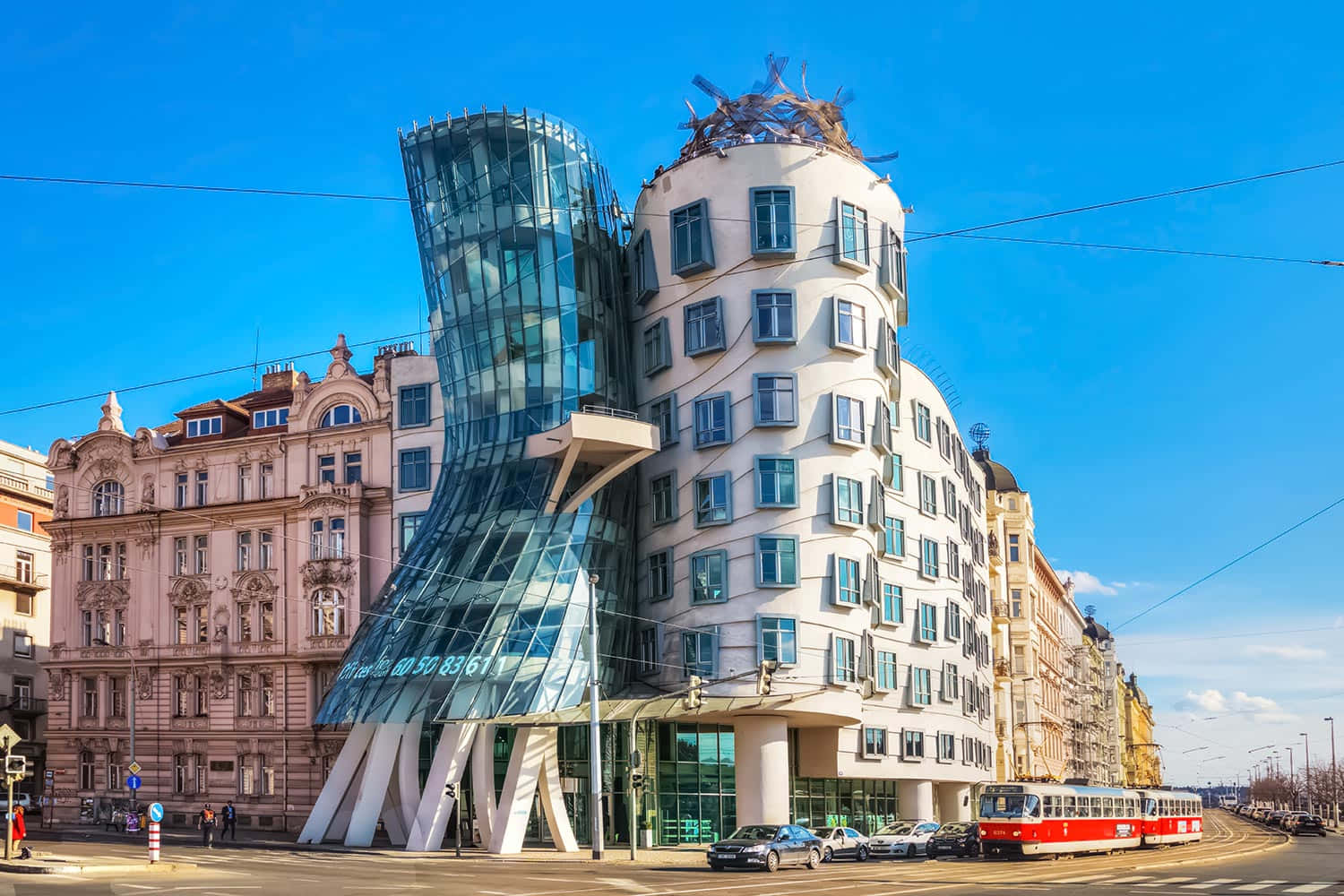 Dancing House With Red Tram Wallpaper