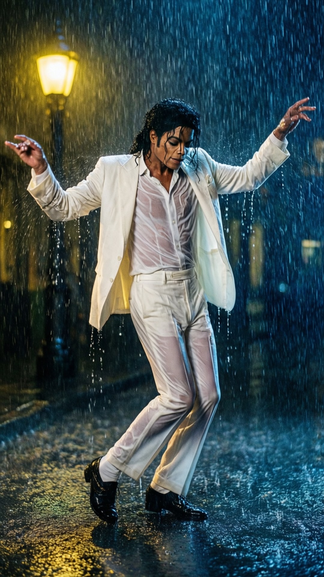 Michael Jackson menari di tengah hujan dengan setelan putih basah