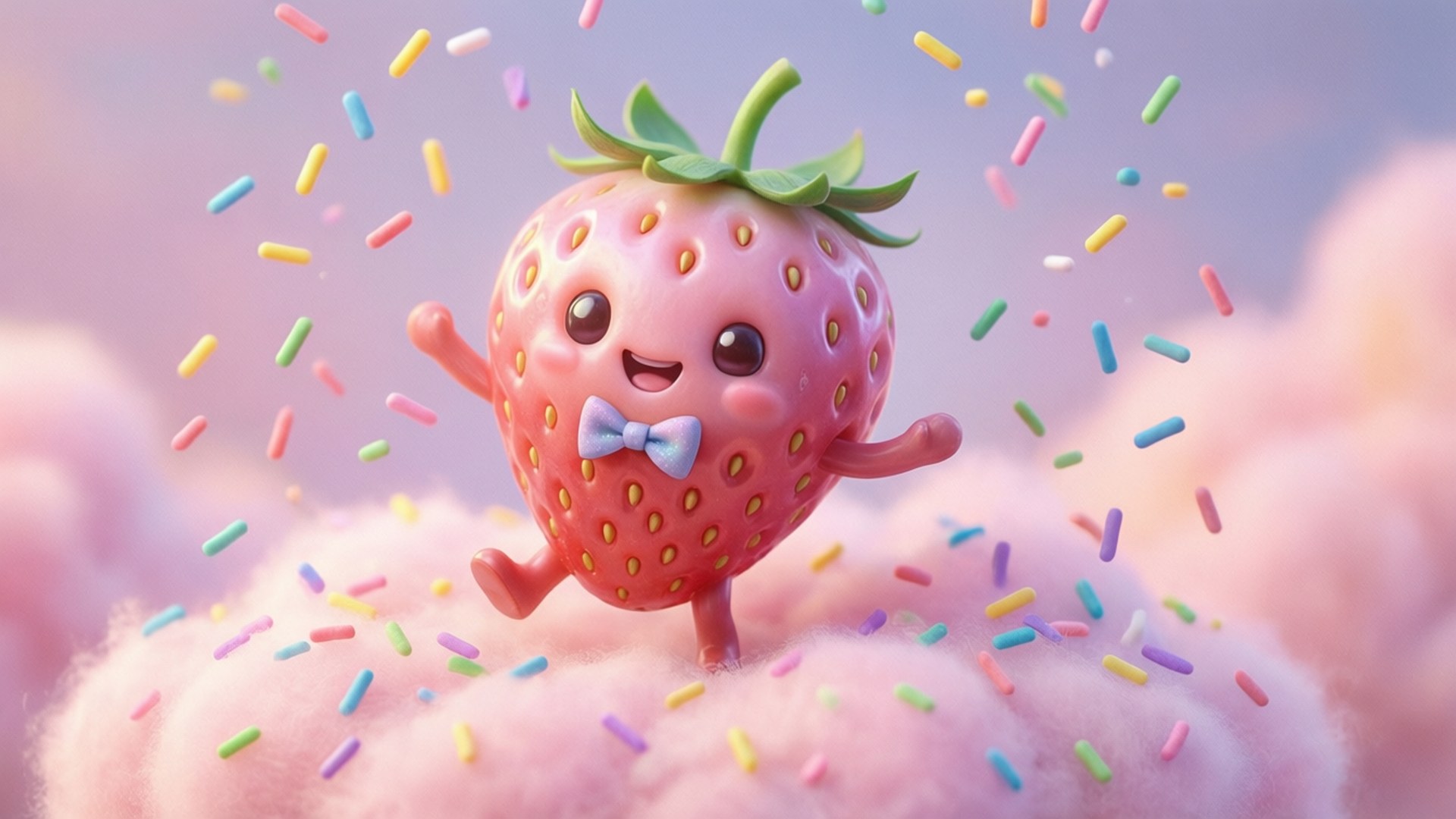 A cheerful strawberry in a bow tie dances on a pastel cloud with sprinkles.