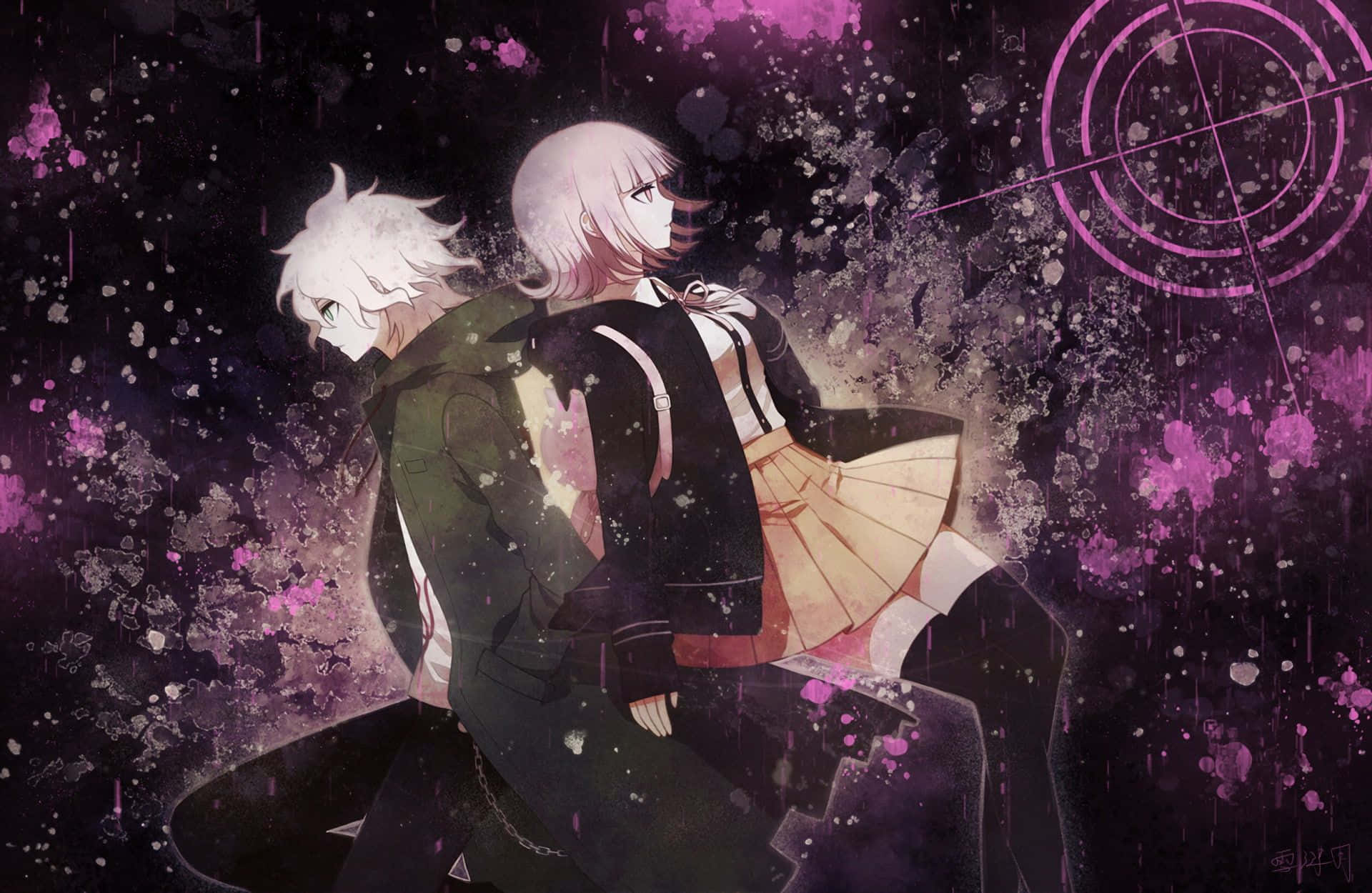 To anime-karakterer står foran en lilla baggrund. Wallpaper
