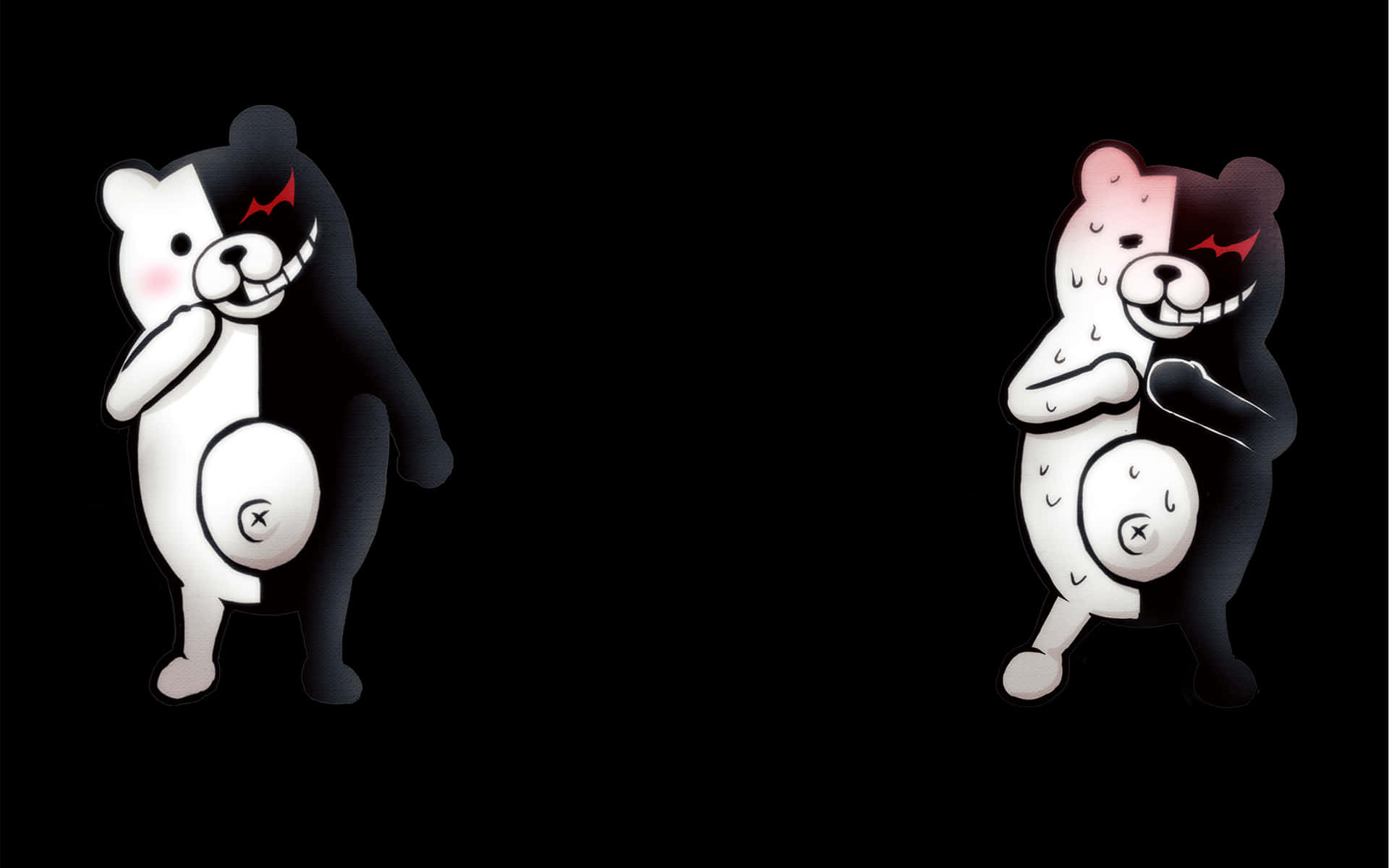 Two Black And White Bears Standing On A Black Background