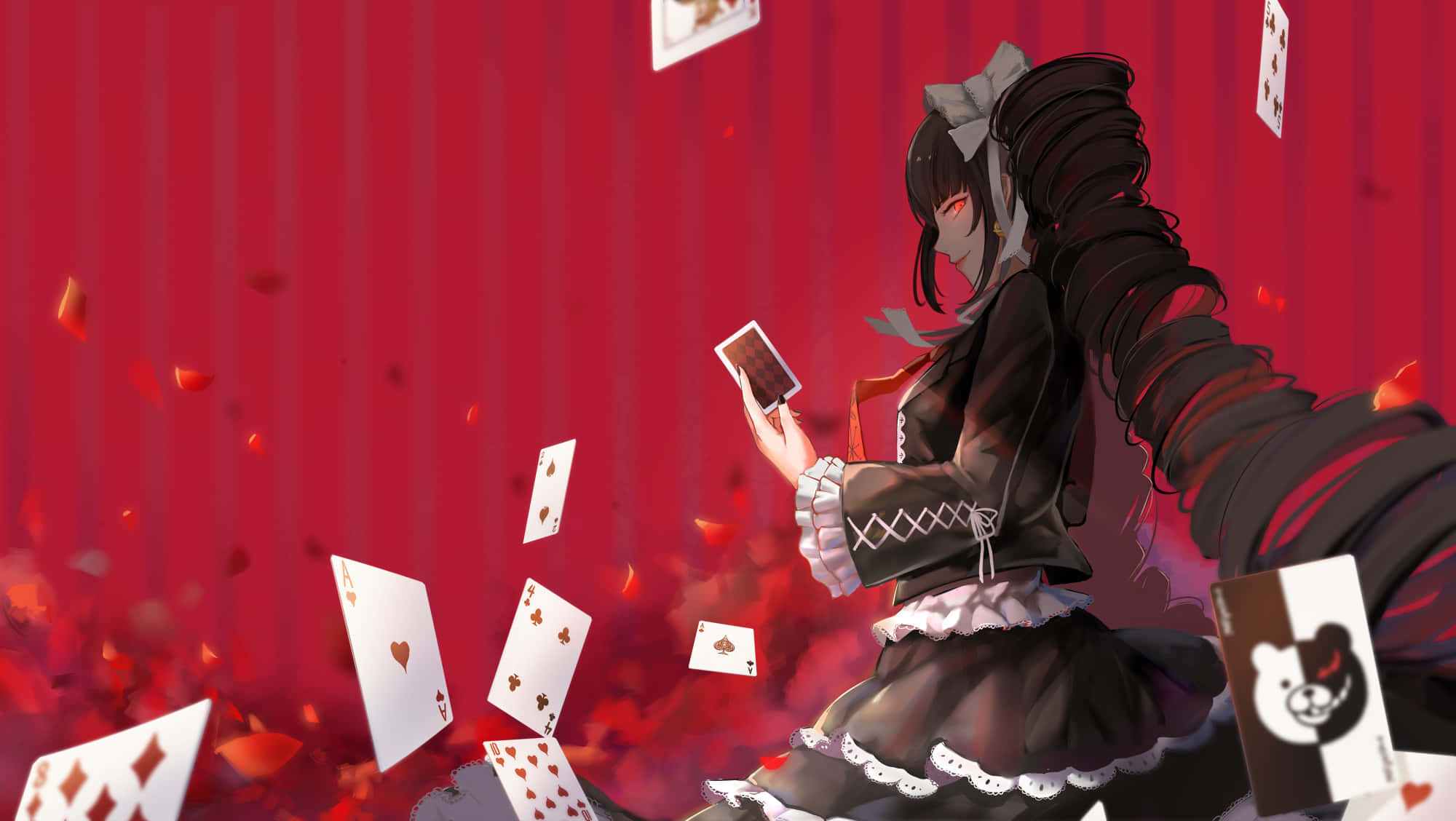 A Girl In A Black Dress Is Holding Playing Cards